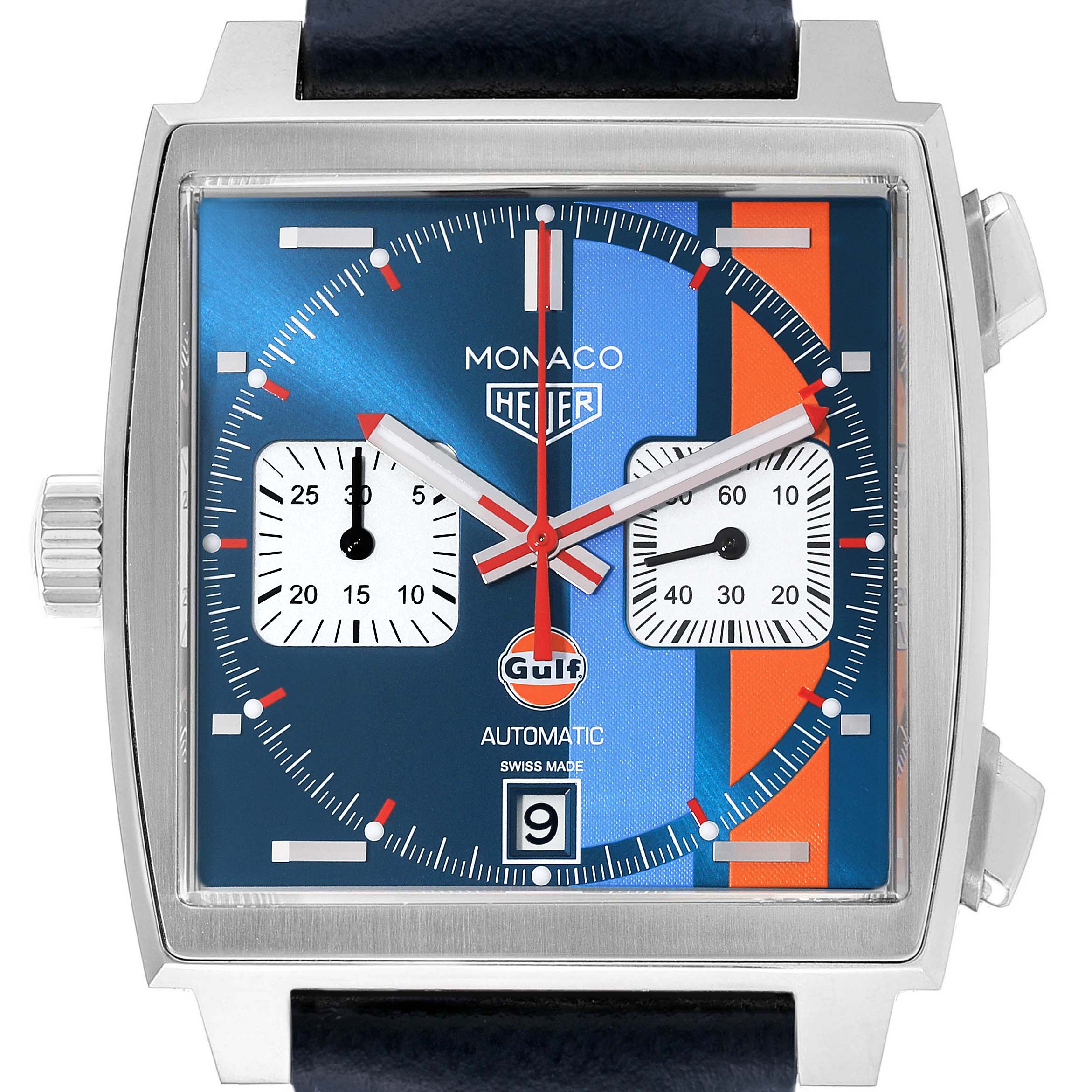 The image shows a close-up front view of a Tag Heuer Monaco CAW211R.FC6401 Men's Stainless Steel Blue Dial CAW211R.FC6401 Men's Stainless Steel Blue Dial watch, highlighting its dial, hands, subdials, and case.