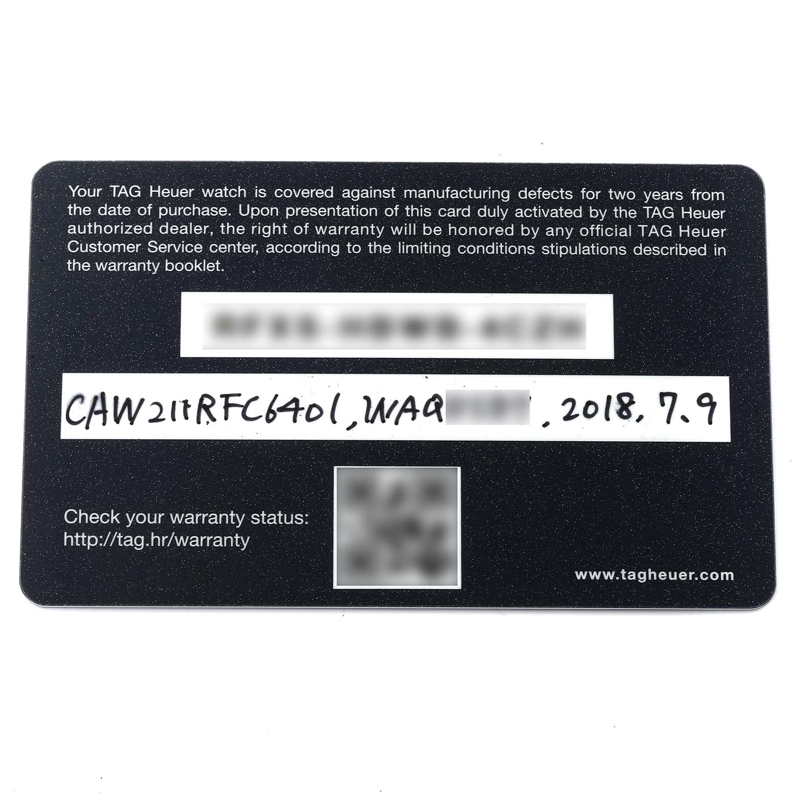 This image shows the warranty card for the Tag Heuer Monaco CAW211R.FC6401 Men's Stainless Steel Blue Dial CAW211R.FC6401 Men's Stainless Steel Blue Dial watch model, displaying warranty terms and purchase information.