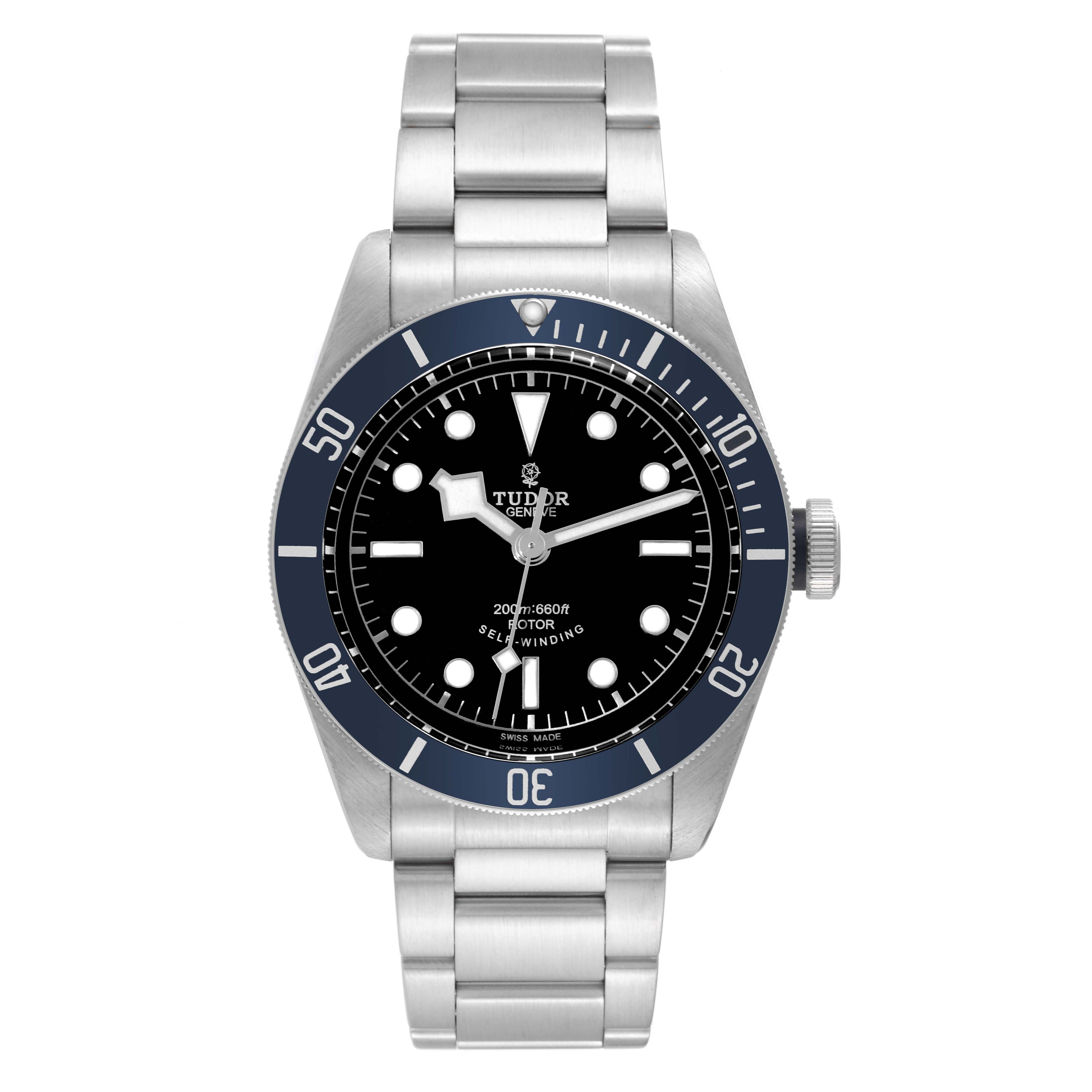 The image displays a front view of the Tudor Heritage Black Bay 79220B Men's Stainless Steel Black Dial 79220B Men's Stainless Steel Black Dial watch, showcasing its black dial, bezel, and metal bracelet.