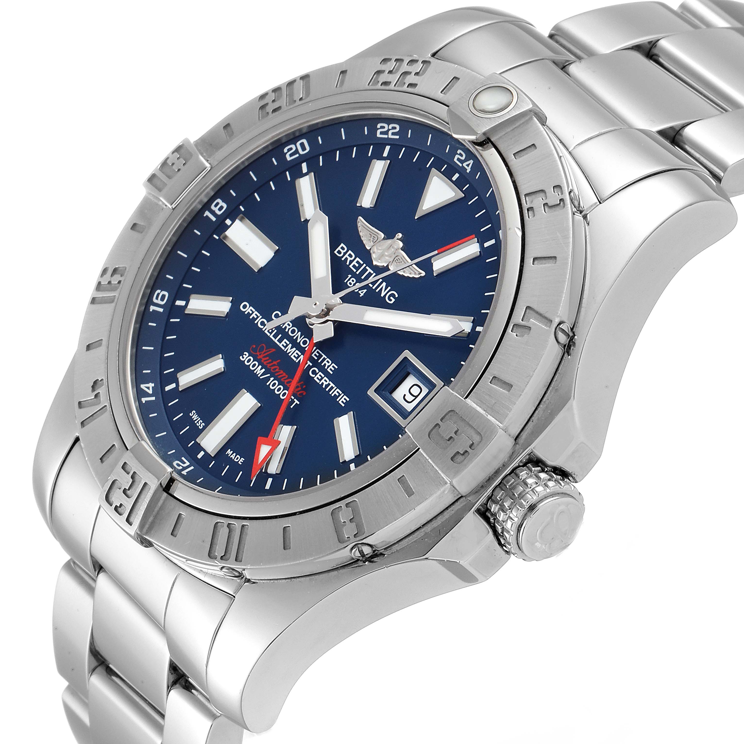 This image shows a Breitling Avenger A3239011-C872-170A Men
s Stainless Steel Blue Dial A3239011-C872-170A Men
s Stainless Steel Blue Dial watch from a three-quarter angle, highlighting its bezel, dial, crown, and stainless steel bracelet.