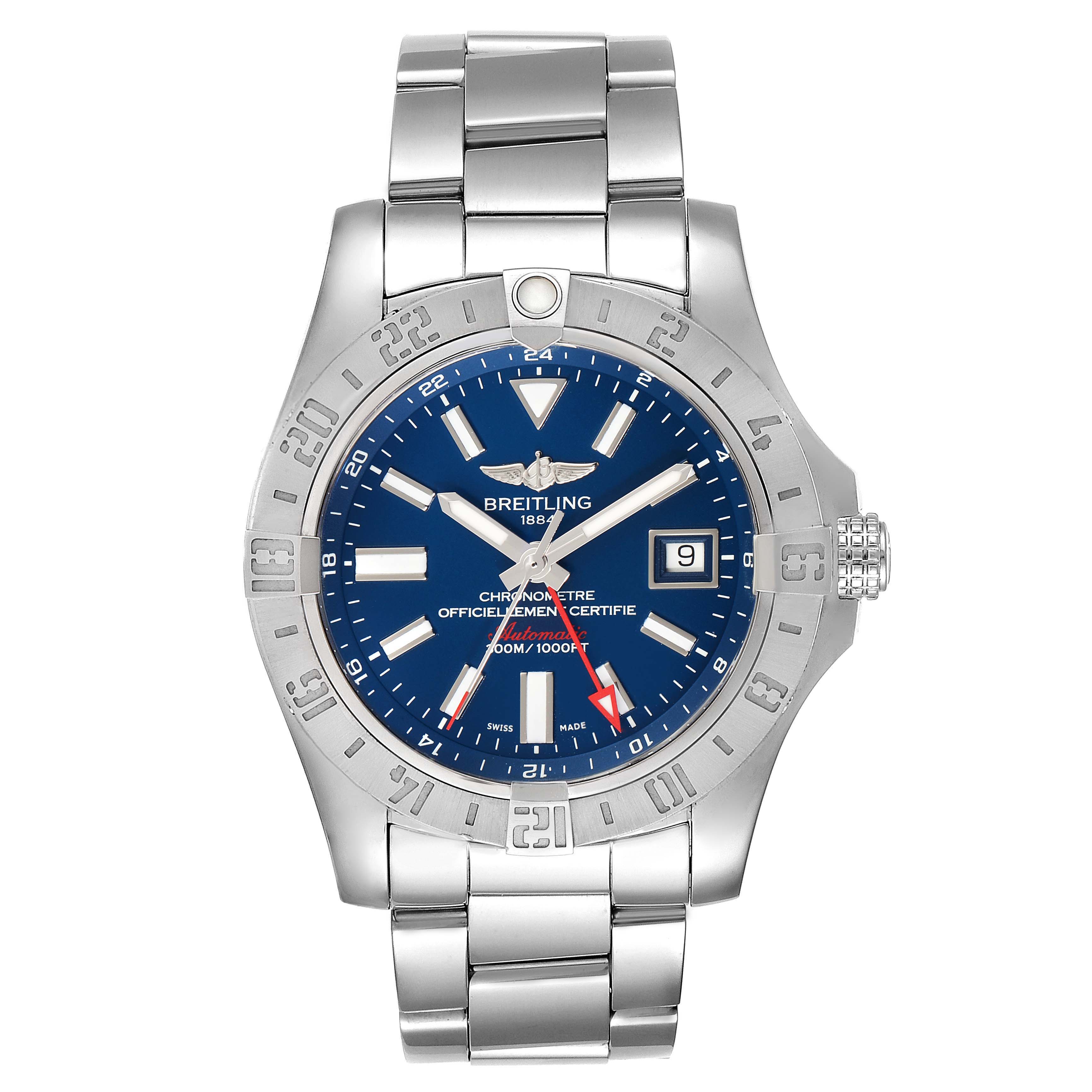 The image shows a front view of the Breitling Avenger A3239011-C872-170A Men
s Stainless Steel Blue Dial A3239011-C872-170A Men
s Stainless Steel Blue Dial watch, highlighting the dial, bezel, crown, and bracelet.
