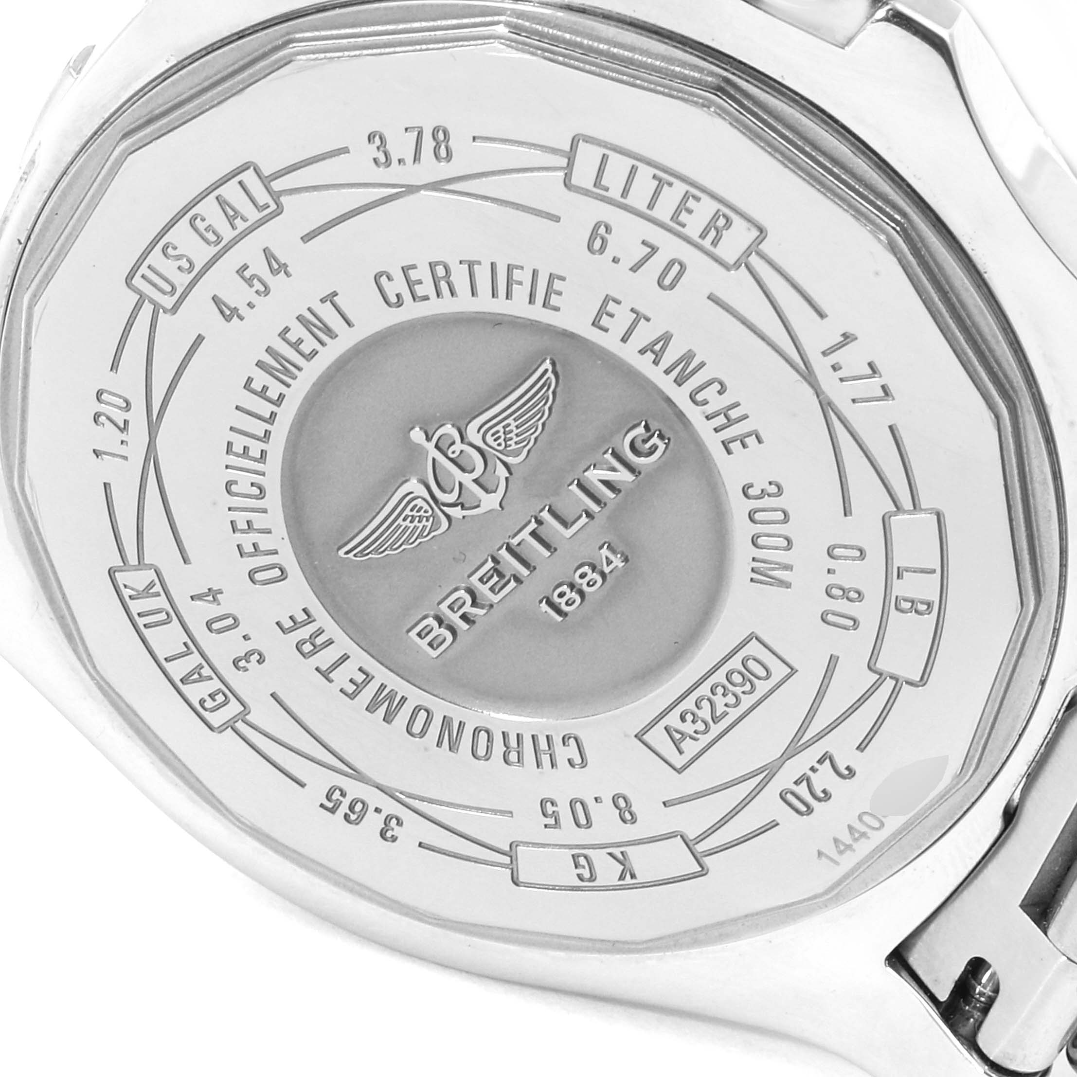 The image shows the back of a Breitling Avenger A3239011-C872-170A Men
s Stainless Steel Blue Dial A3239011-C872-170A Men
s Stainless Steel Blue Dial watch, highlighting the engraved specifications and branding.