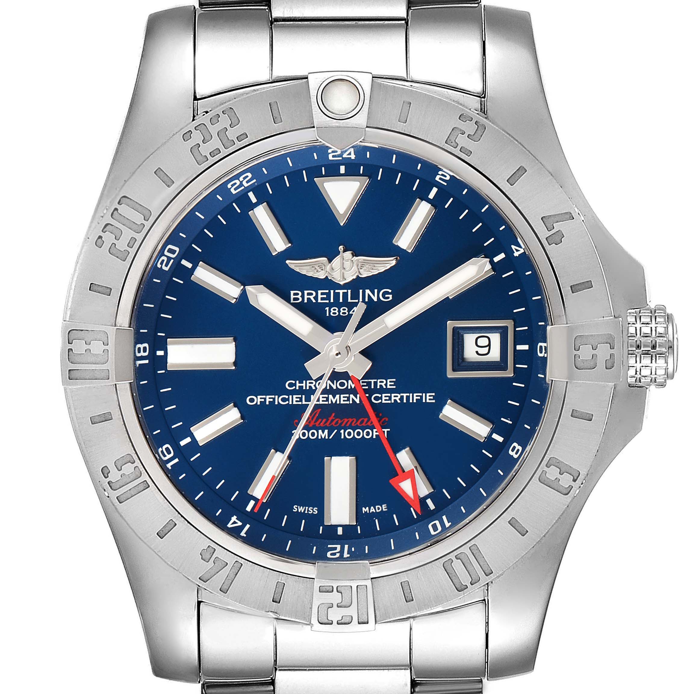 The Breitling Avenger A3239011-C872-170A Men
s Stainless Steel Blue Dial A3239011-C872-170A Men
s Stainless Steel Blue Dial watch is shown from a front view, featuring its bezel, dial, hands, and bracelet.