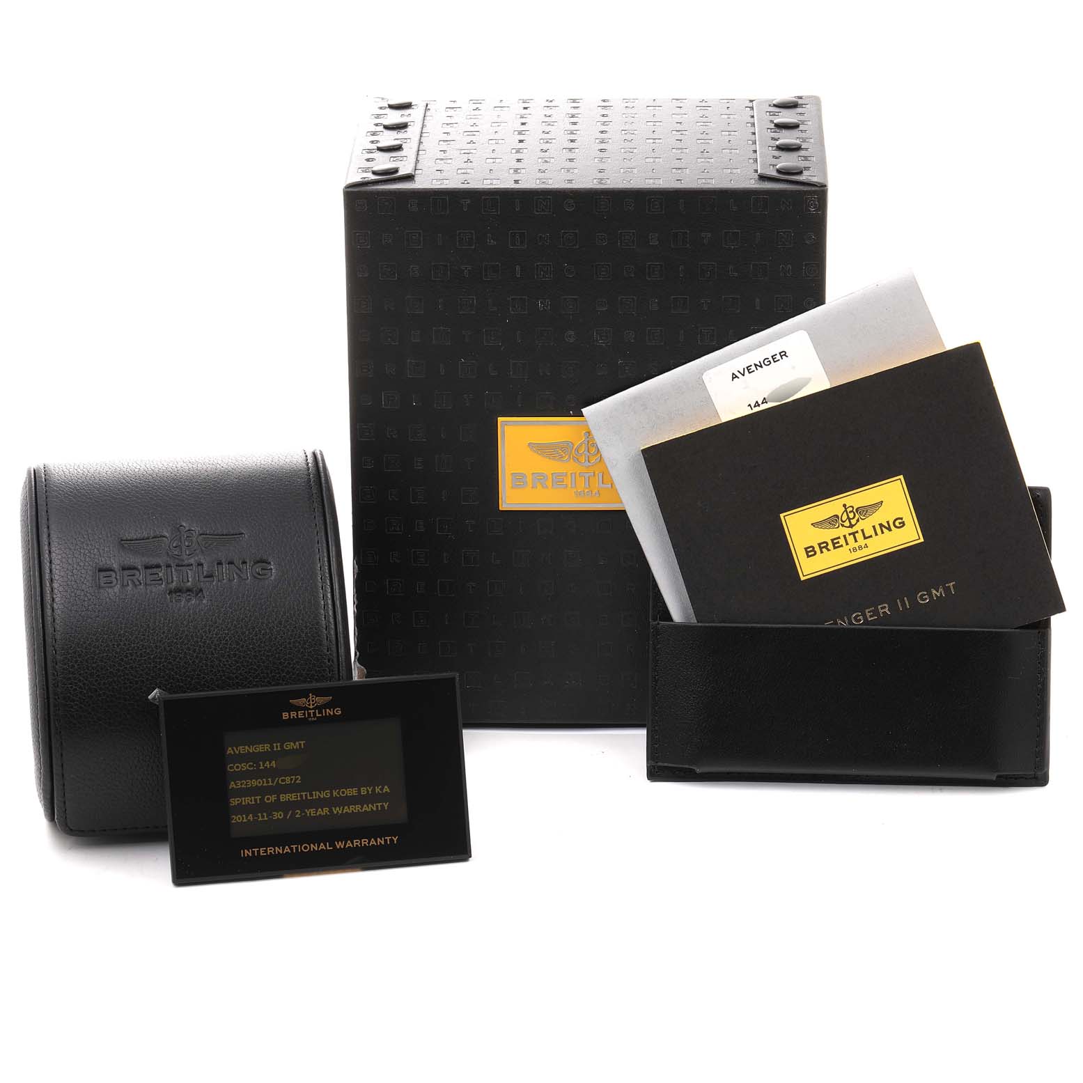 The image shows the packaging and accessories for a Breitling Avenger A3239011-C872-170A Men
s Stainless Steel Blue Dial A3239011-C872-170A Men
s Stainless Steel Blue Dial watch, including the box, manual, and warranty card.