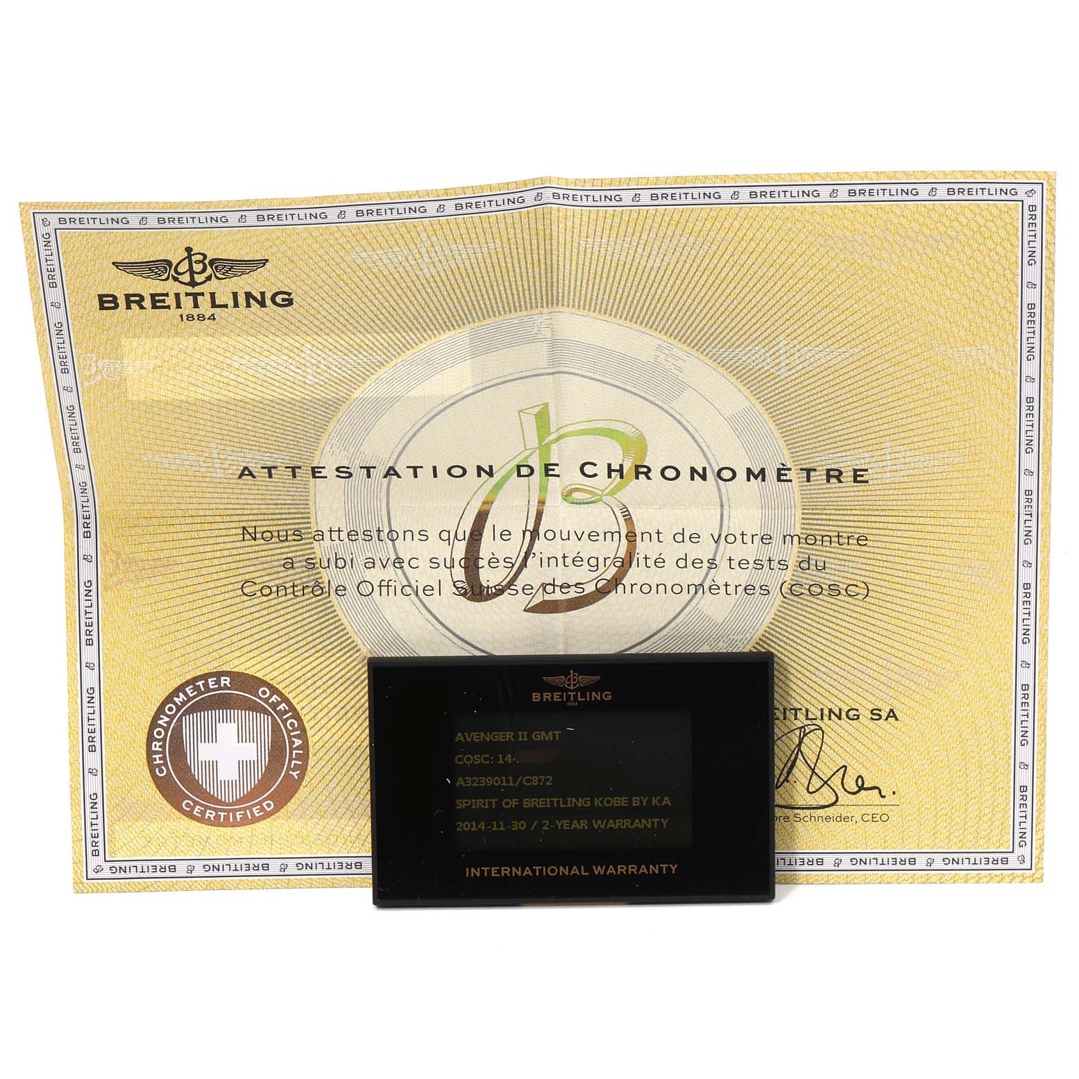 The image shows the warranty card and chronometer certification for a Breitling Avenger A3239011-C872-170A Men
s Stainless Steel Blue Dial A3239011-C872-170A Men
s Stainless Steel Blue Dial II GMT watch.