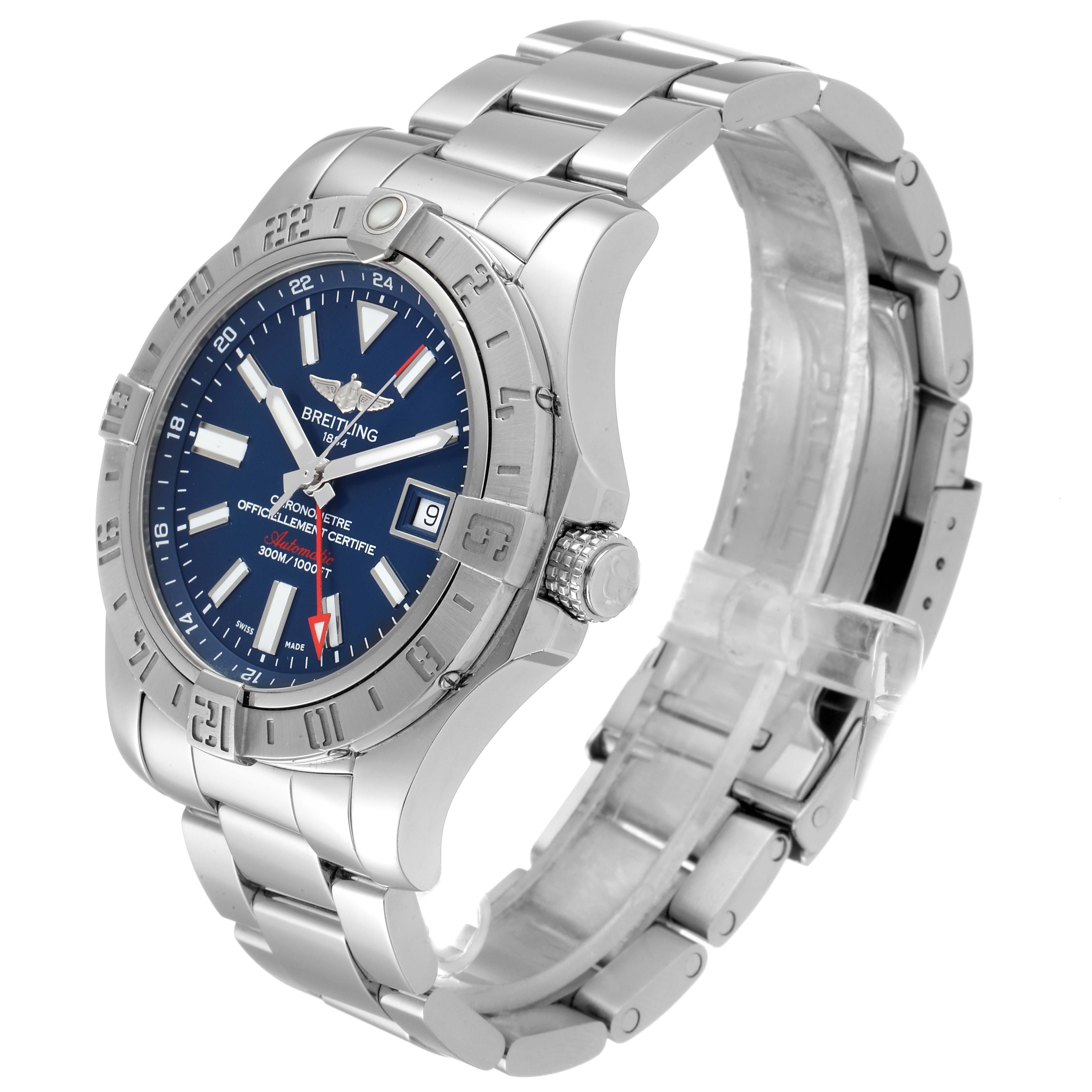 The image shows a side and front angle of the Breitling Avenger A3239011-C872-170A Men
s Stainless Steel Blue Dial A3239011-C872-170A Men
s Stainless Steel Blue Dial watch, highlighting its metallic bracelet, bezel, and dial.