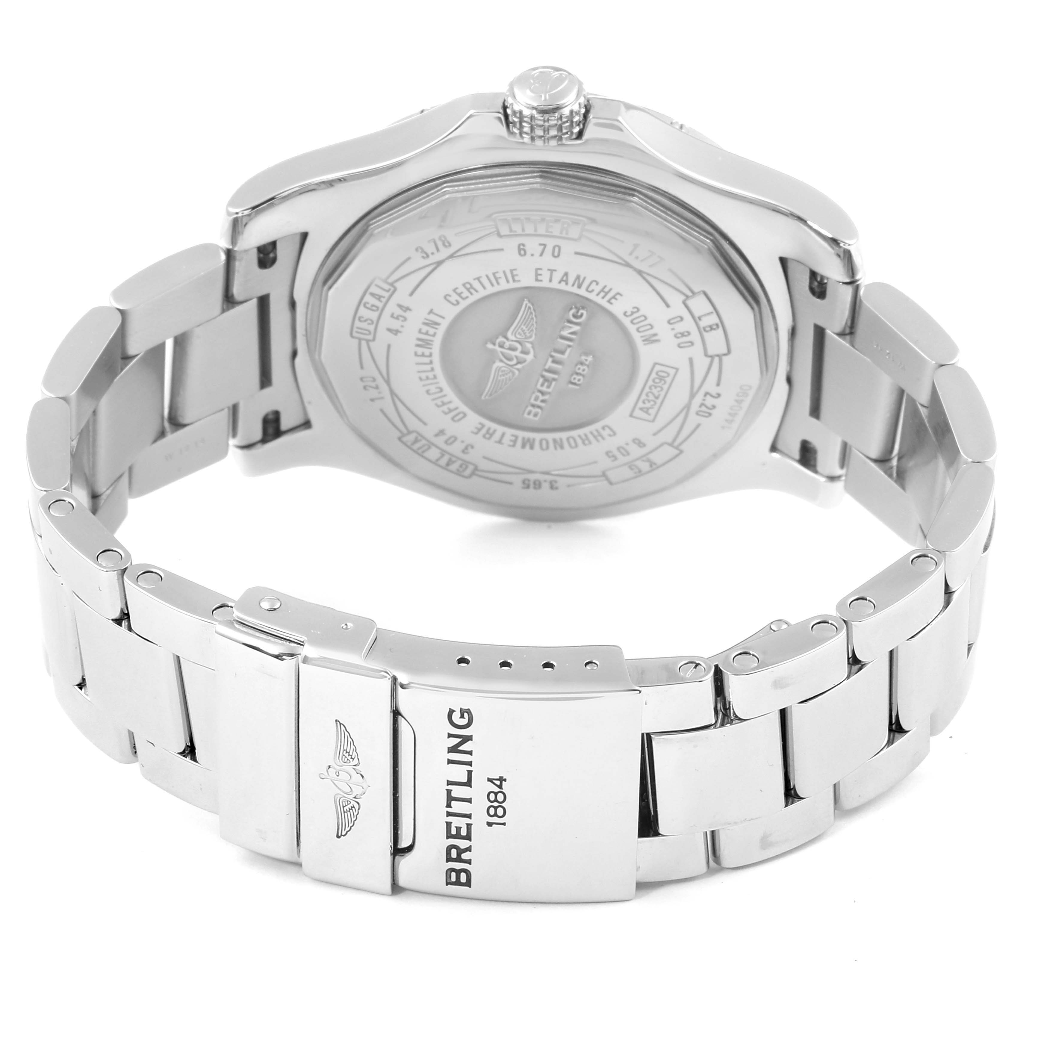 The image shows the back case and clasp of a Breitling Avenger A3239011-C872-170A Men
s Stainless Steel Blue Dial A3239011-C872-170A Men
s Stainless Steel Blue Dial watch at a slight angle.