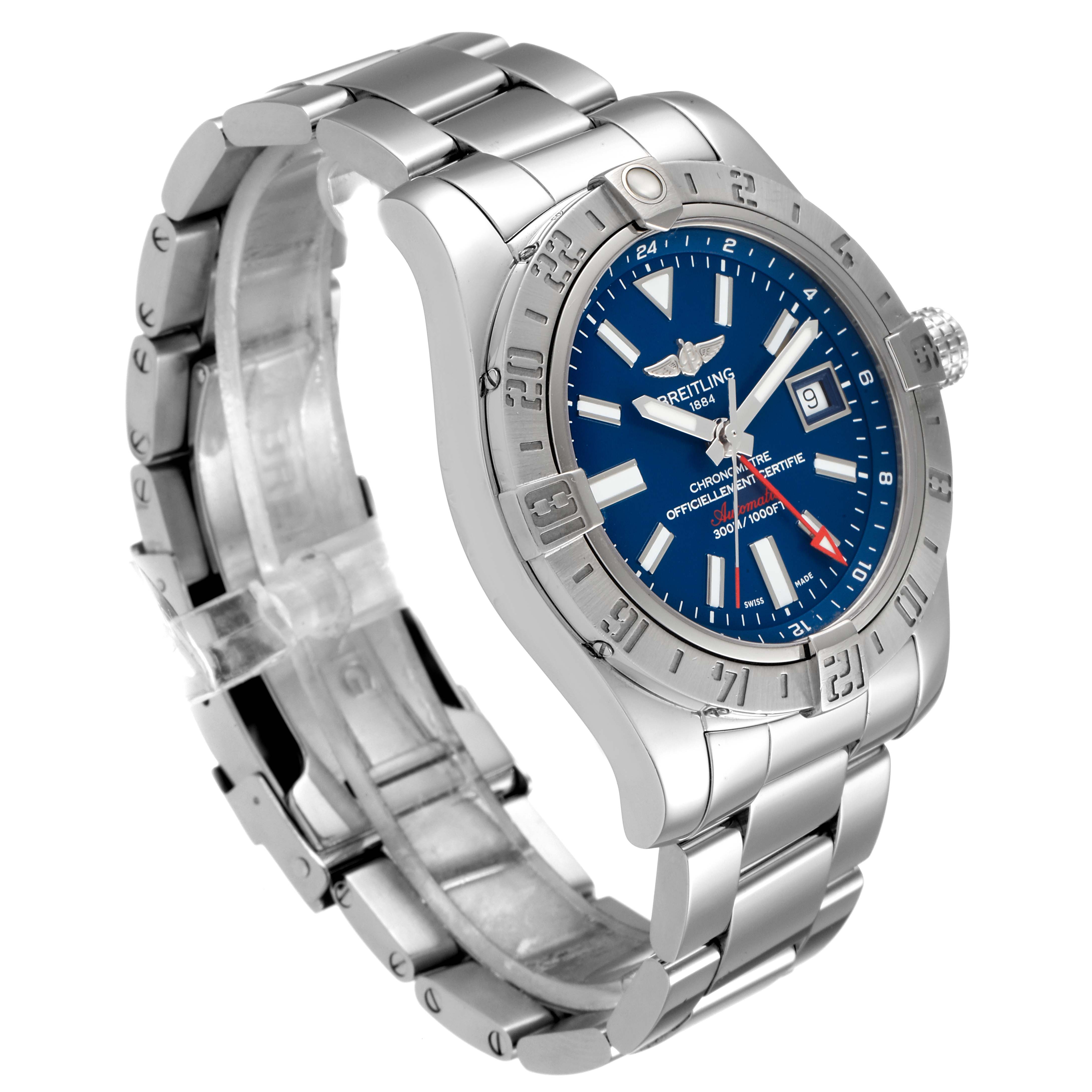 The image shows a three-quarter angled view of the Breitling Avenger A3239011-C872-170A Men
s Stainless Steel Blue Dial A3239011-C872-170A Men
s Stainless Steel Blue Dial watch, highlighting its face, bezel, and bracelet.