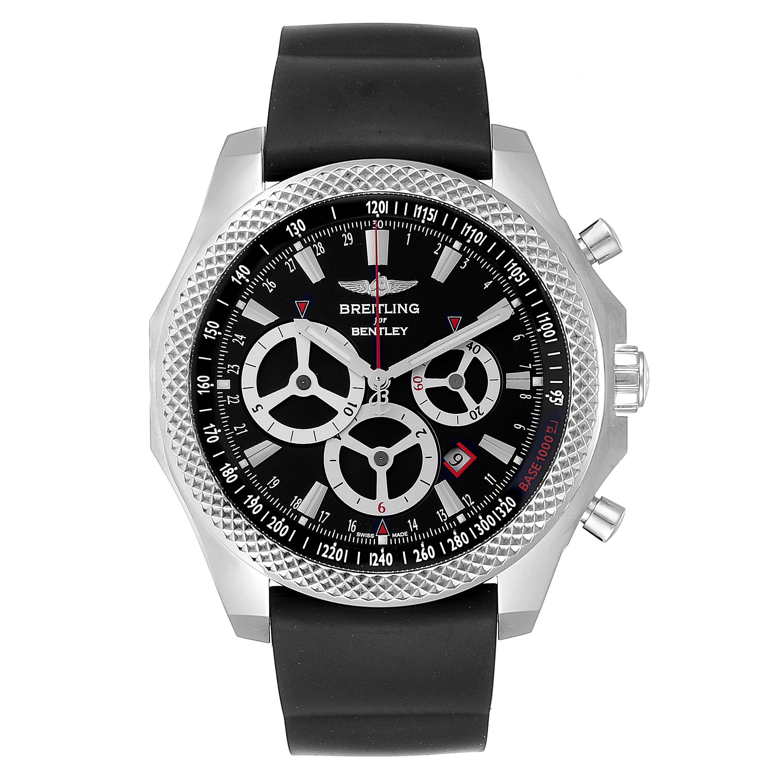 The image shows a frontal view of a Breitling Bentley A25366 Men's Stainless Steel Black Dial A25366 Men's Stainless Steel Black Dial watch, highlighting the bezel, dial, sub-dials, and rubber strap.