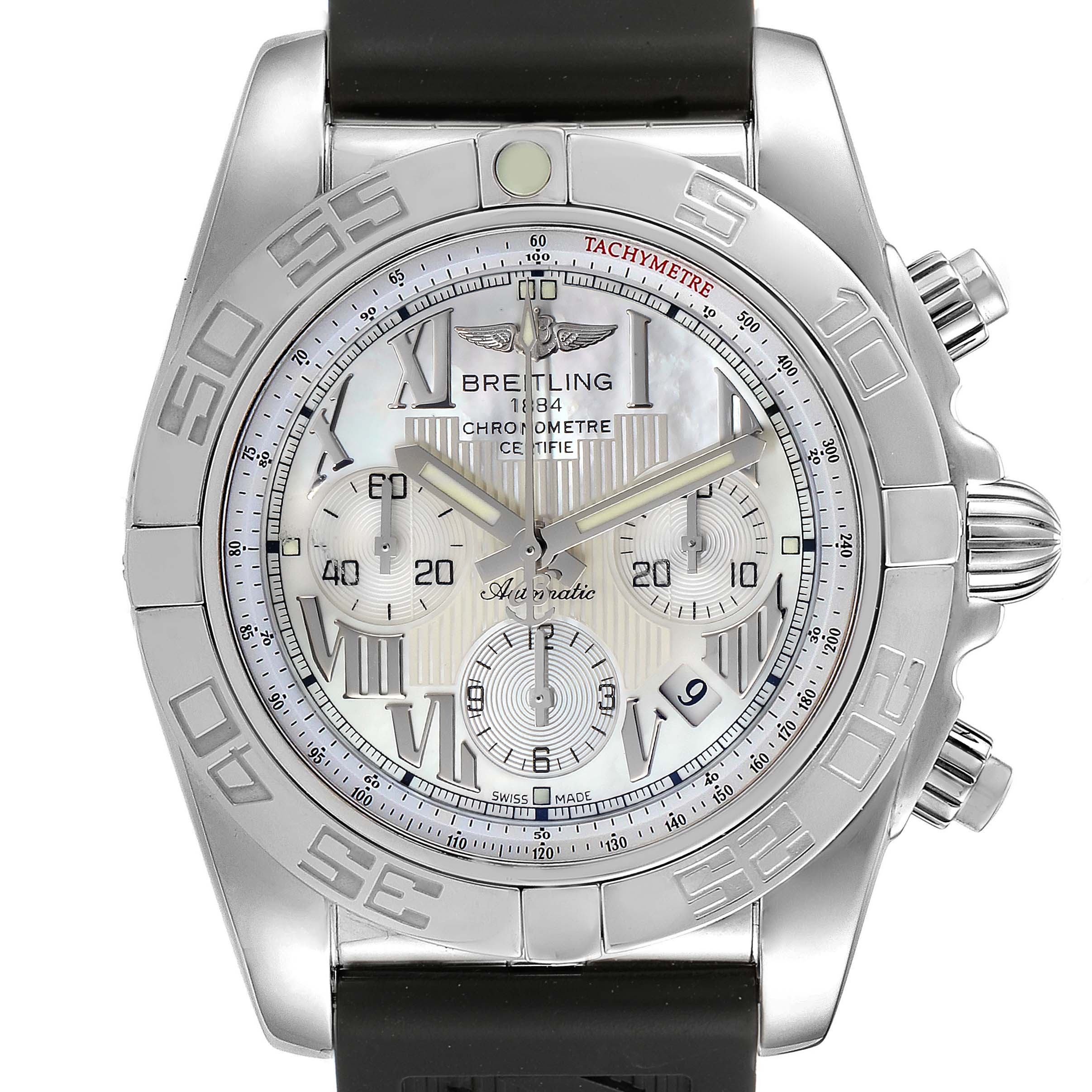 The image shows a front view of the Breitling Chronomat AB0110 Men's Stainless Steel Mother of Pearl Dial AB0110 Men's Stainless Steel Mother of Pearl Dial watch, displaying its face, bezel, and chronograph sub-dials.