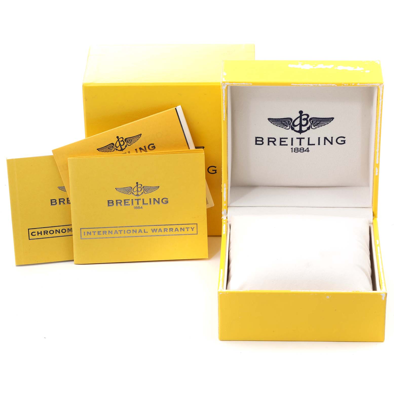 The image shows the packaging, warranty booklets, and box for a Breitling Chronomat AB0110 Men's Stainless Steel Mother of Pearl Dial AB0110 Men's Stainless Steel Mother of Pearl Dial watch, viewed from the front.
