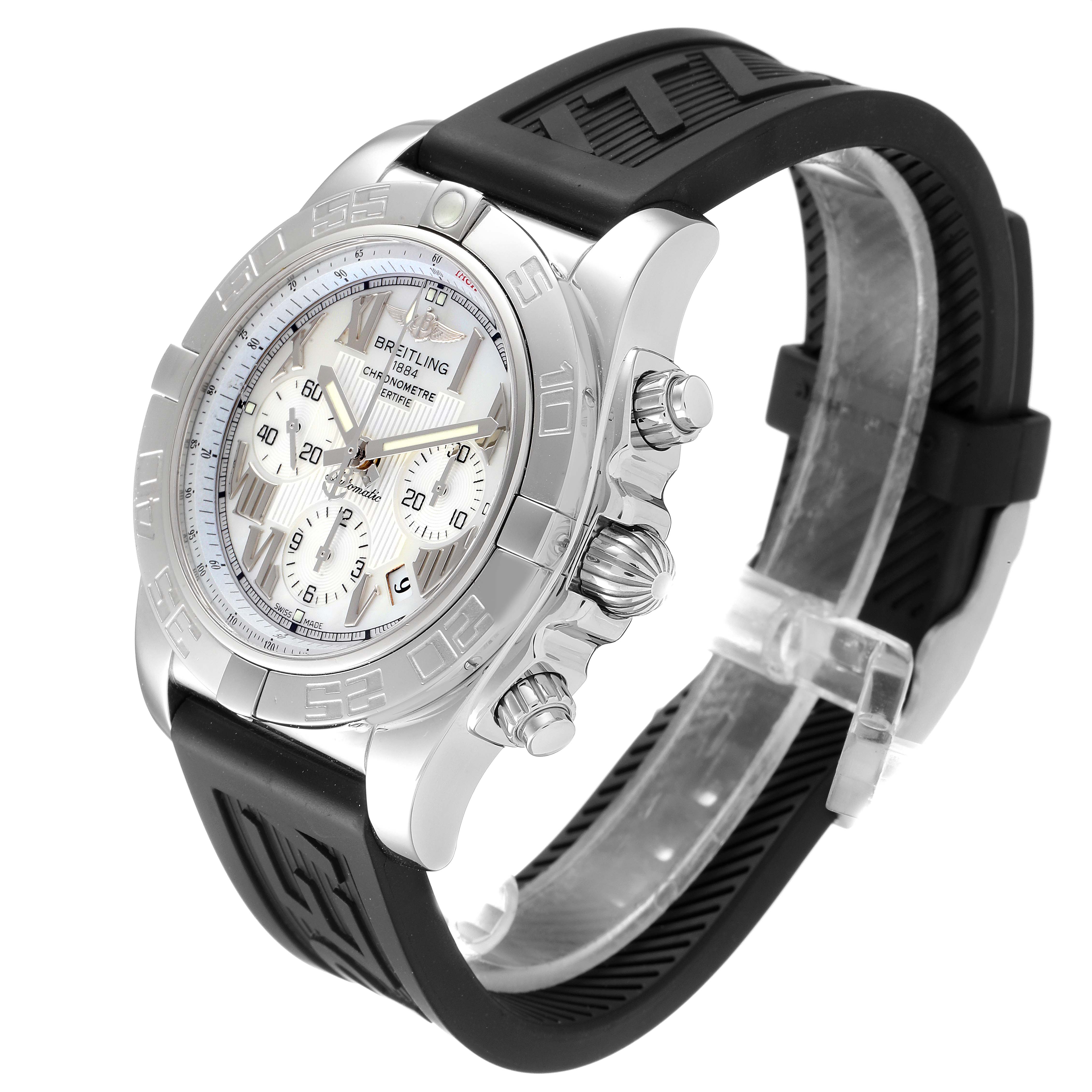 The Breitling Chronomat AB0110 Men's Stainless Steel Mother of Pearl Dial AB0110 Men's Stainless Steel Mother of Pearl Dial watch is shown at an angled side view, displaying the dial, crown, pushers, and rubber strap.