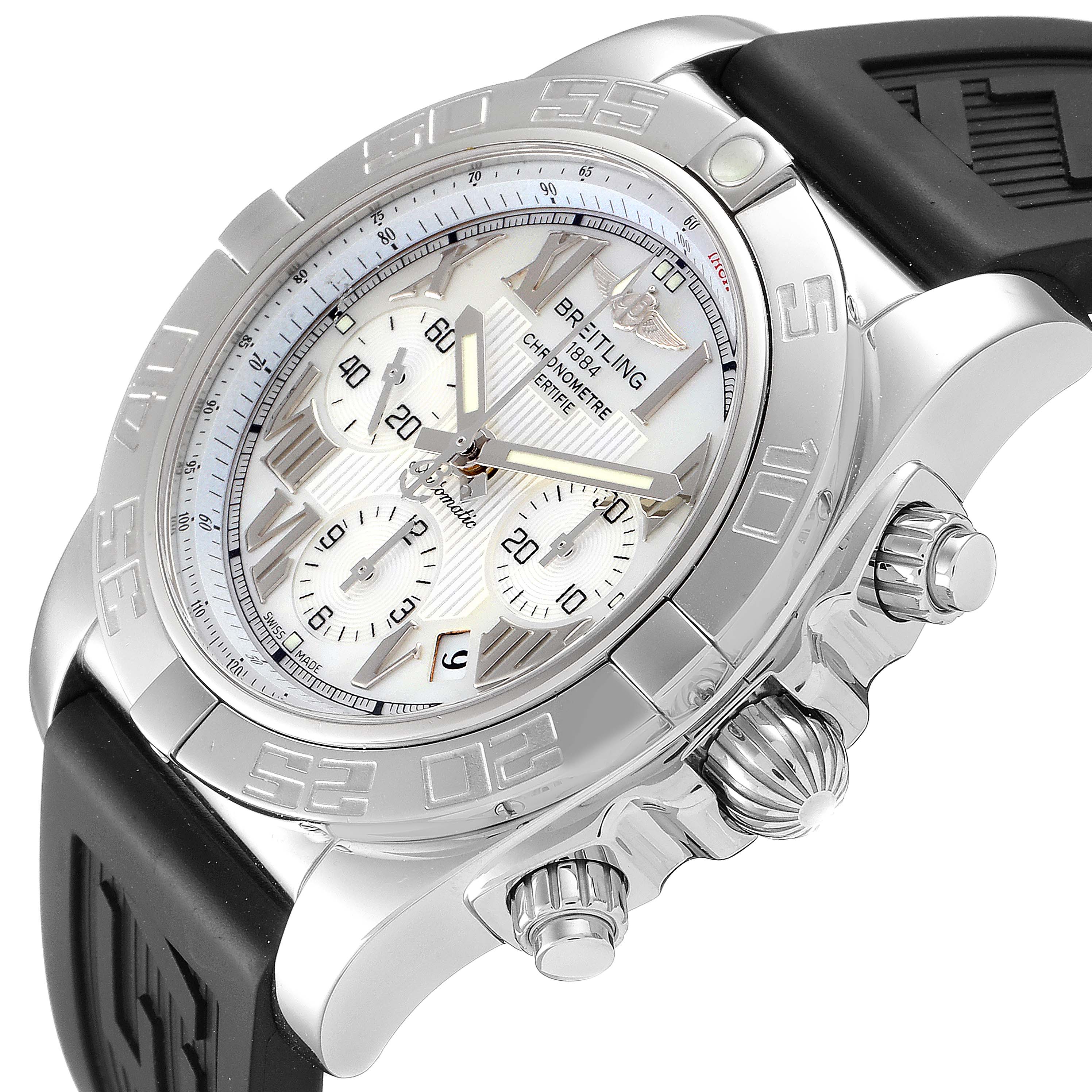 The image shows a close-up angled view of the Breitling Chronomat AB0110 Men's Stainless Steel Mother of Pearl Dial AB0110 Men's Stainless Steel Mother of Pearl Dial watch featuring its bezel, dial, and crown.