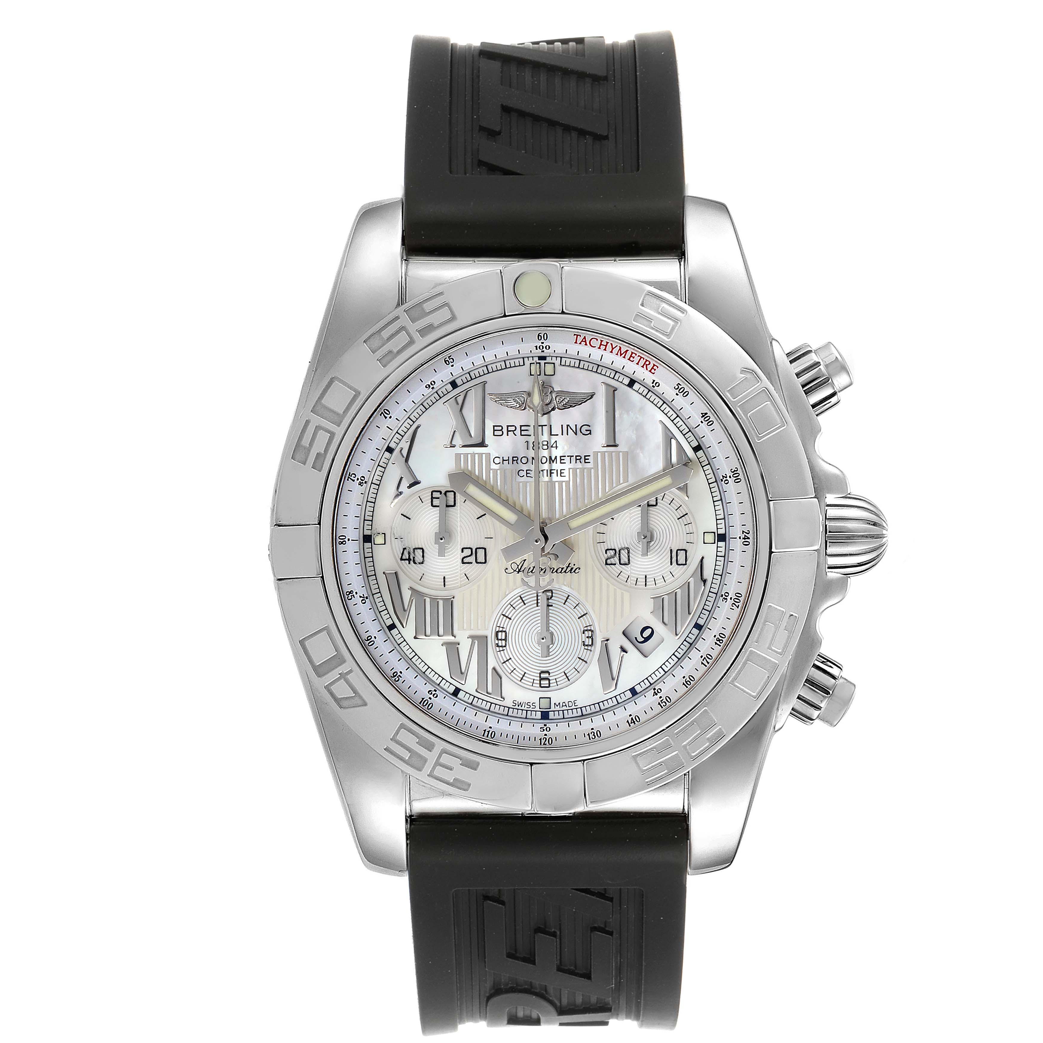 This image shows a front view of a Breitling Chronomat AB0110 Men's Stainless Steel Mother of Pearl Dial AB0110 Men's Stainless Steel Mother of Pearl Dial watch with a black rubber strap and a stainless steel case.
