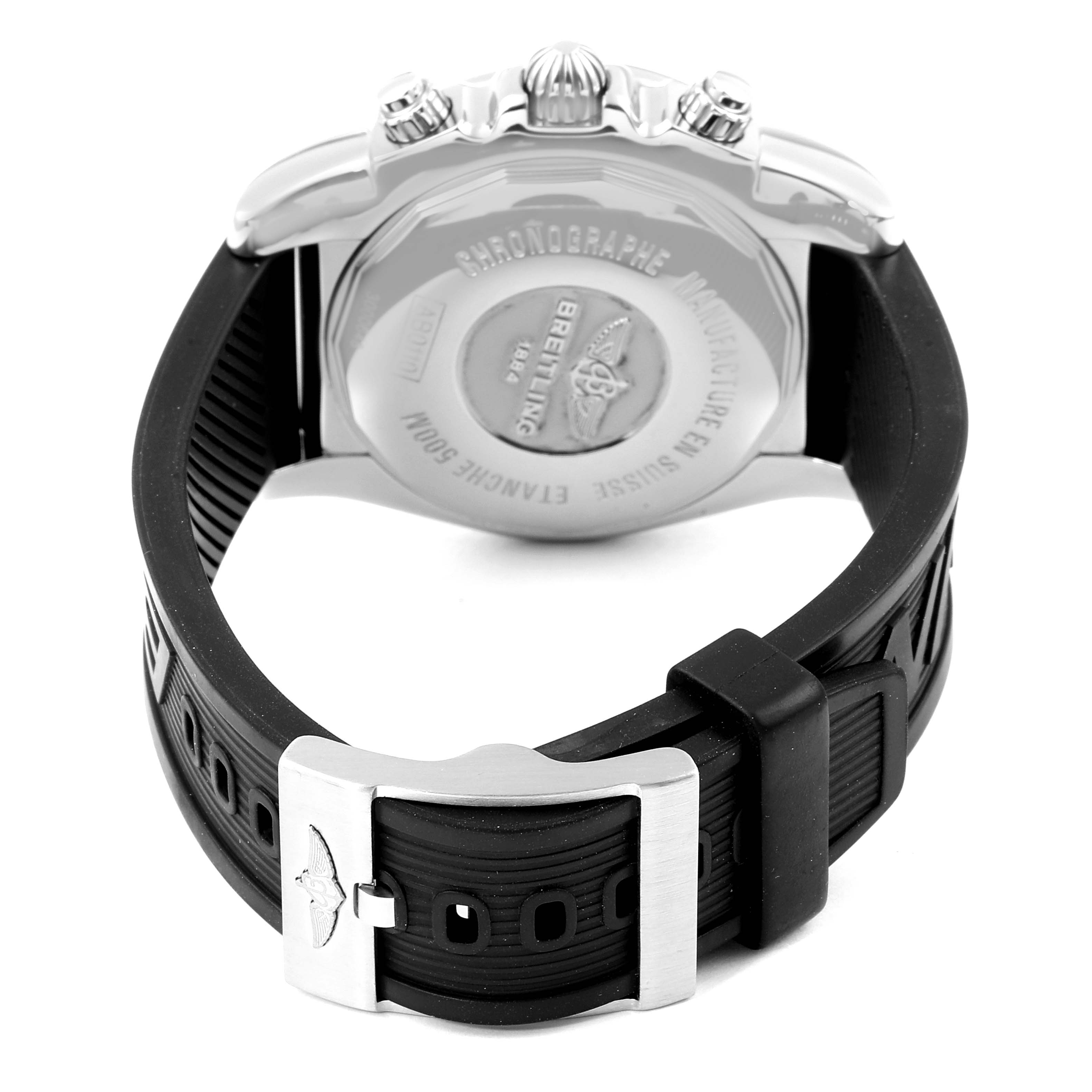 The image shows the back and clasp of a Breitling Chronomat AB0110 Men's Stainless Steel Mother of Pearl Dial AB0110 Men's Stainless Steel Mother of Pearl Dial watch, highlighting the case back and strap.