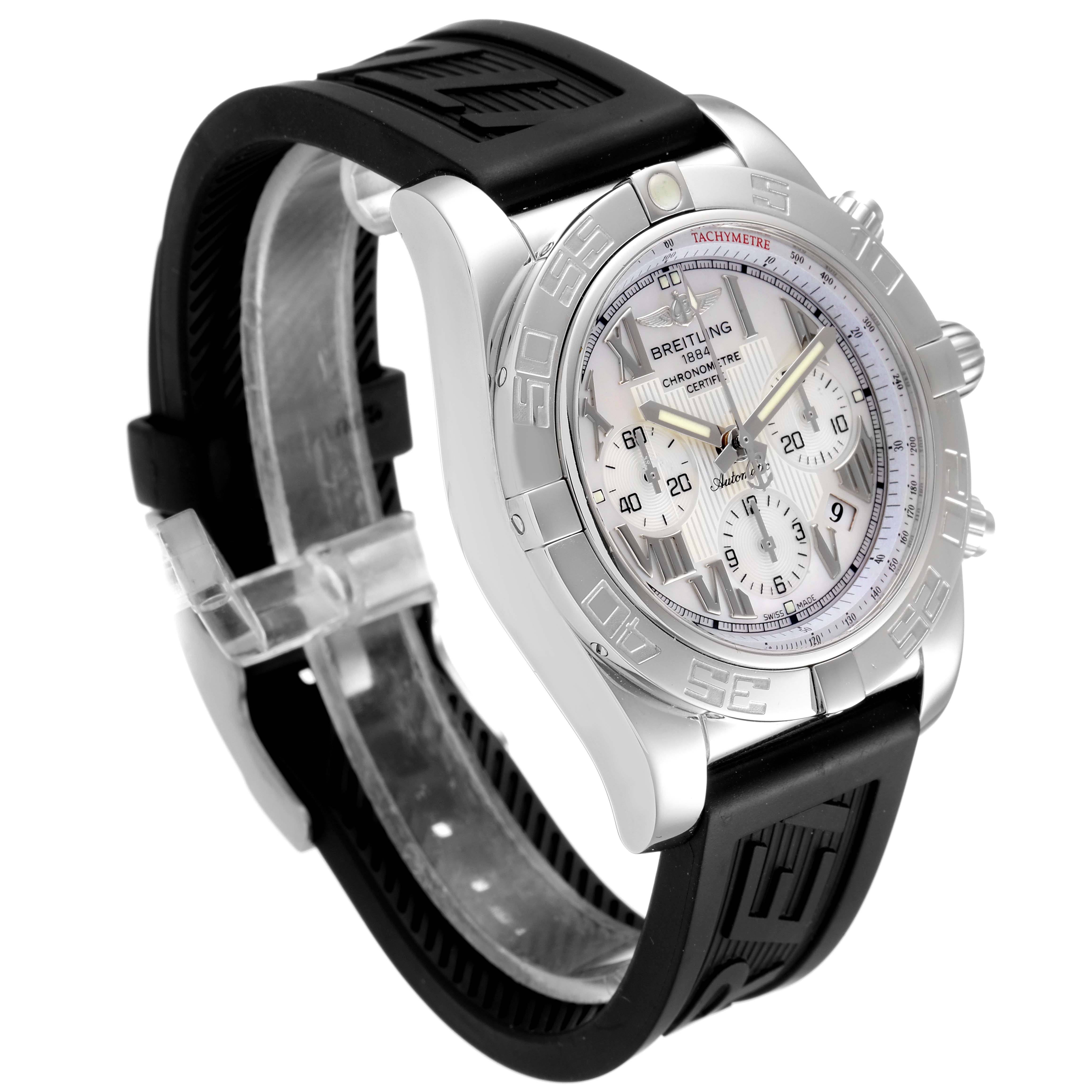 The image shows the Breitling Chronomat AB0110 Men's Stainless Steel Mother of Pearl Dial AB0110 Men's Stainless Steel Mother of Pearl Dial watch from an angled view, highlighting its face, bezel, crown, and black rubber strap.