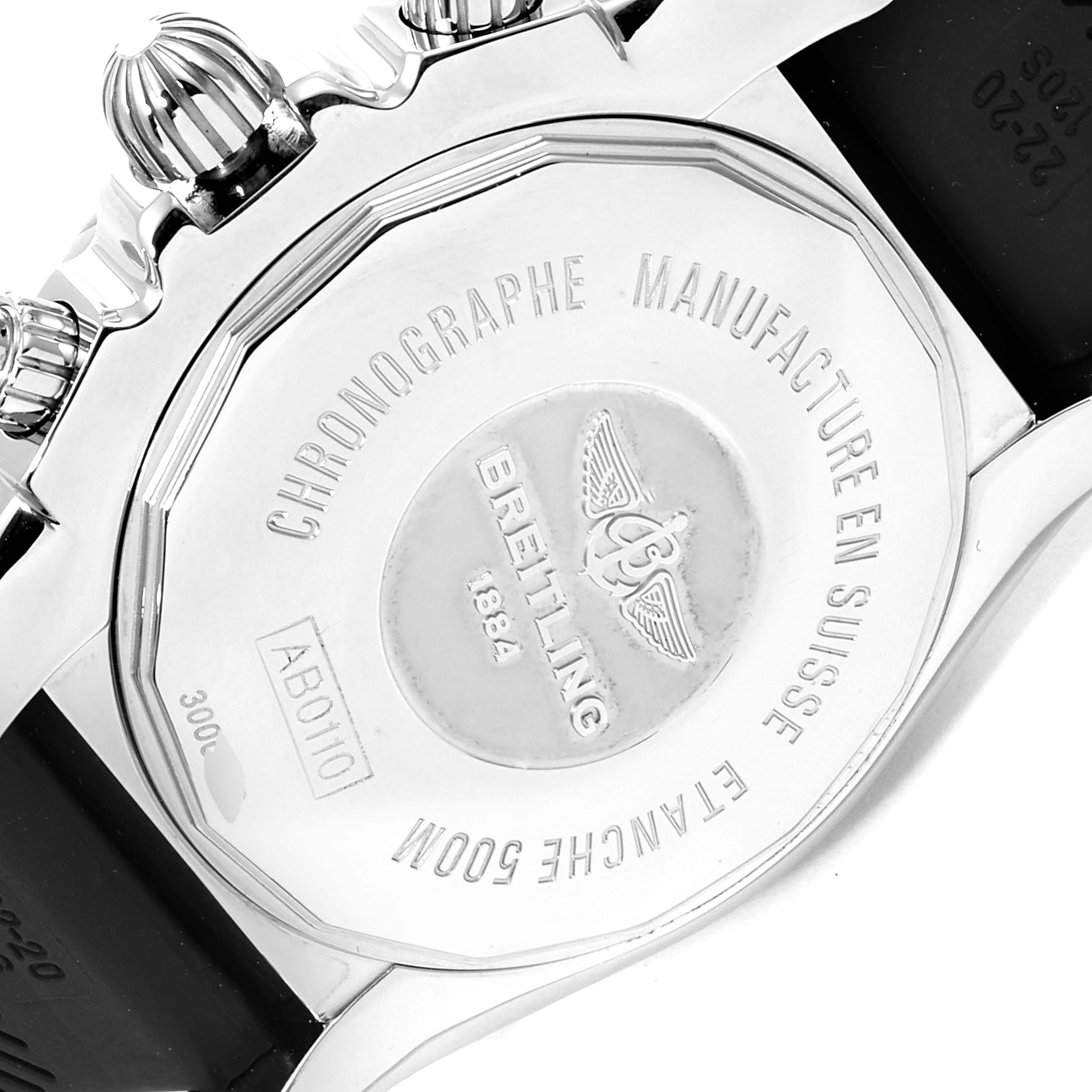 The image shows the back case and buttons of the Breitling Chronomat AB0110 Men's Stainless Steel Mother of Pearl Dial AB0110 Men's Stainless Steel Mother of Pearl Dial watch, displaying brand engravings and model details.