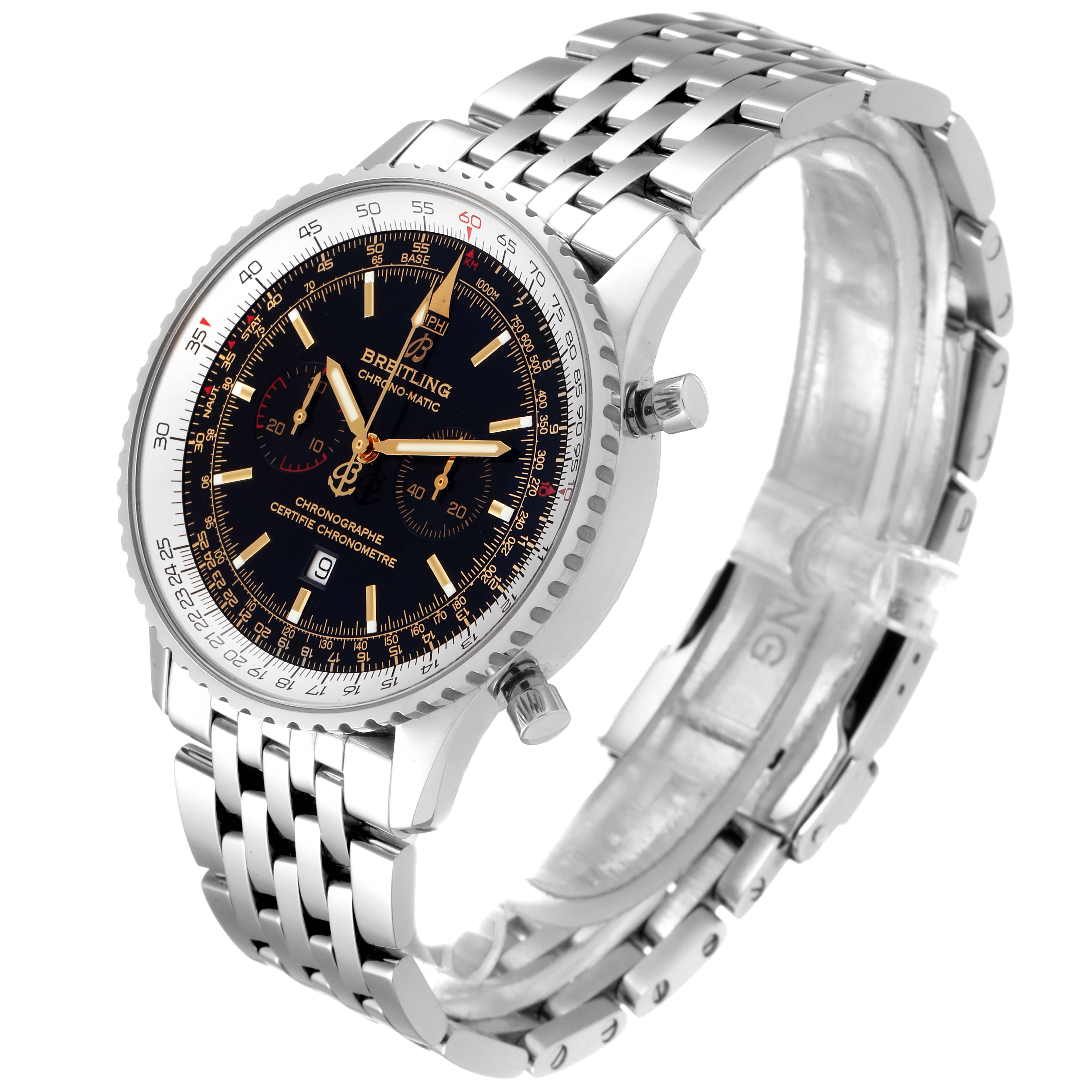 The image shows a Breitling Navitimer A41350 Men's Stainless Steel Black Dial A41350 Men's Stainless Steel Black Dial watch from a front-side angle, highlighting its dial, bezel, and metal bracelet.