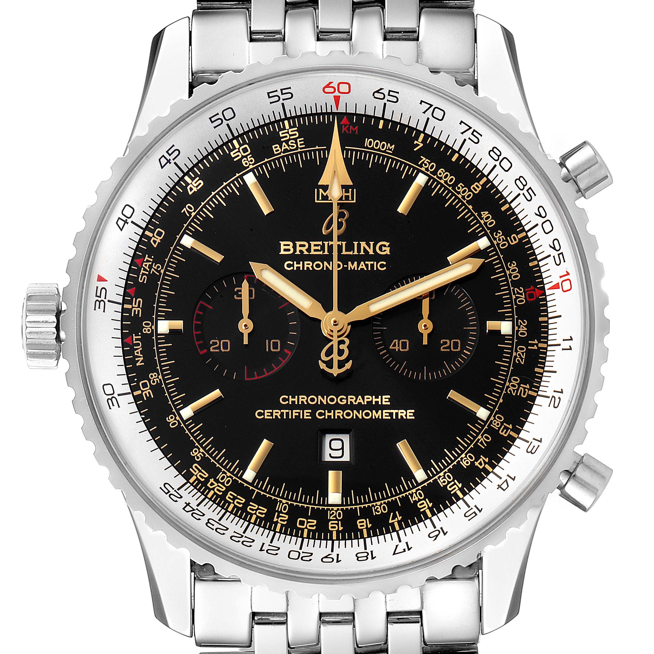 This image shows a front angle of the Breitling Navitimer A41350 Men's Stainless Steel Black Dial A41350 Men's Stainless Steel Black Dial Chrono-Matic watch, featuring the dial, bezel, and part of the metal strap.