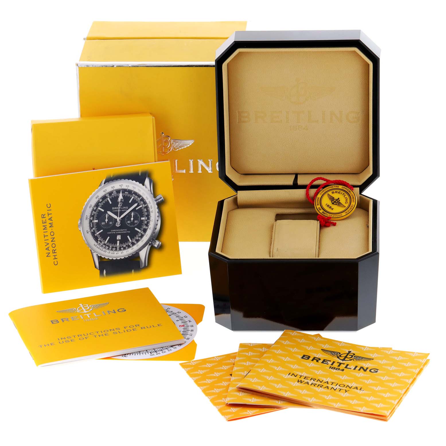 The image shows the packaging, manuals, and an empty display box for a Breitling Navitimer A41350 Men's Stainless Steel Black Dial A41350 Men's Stainless Steel Black Dial watch.