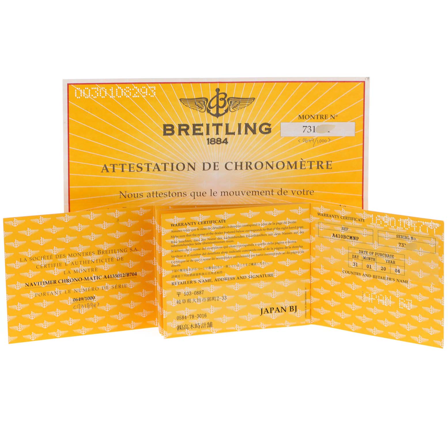 The image shows the warranty certificate and authentication documents for the Breitling Navitimer A41350 Men's Stainless Steel Black Dial A41350 Men's Stainless Steel Black Dial watch model.