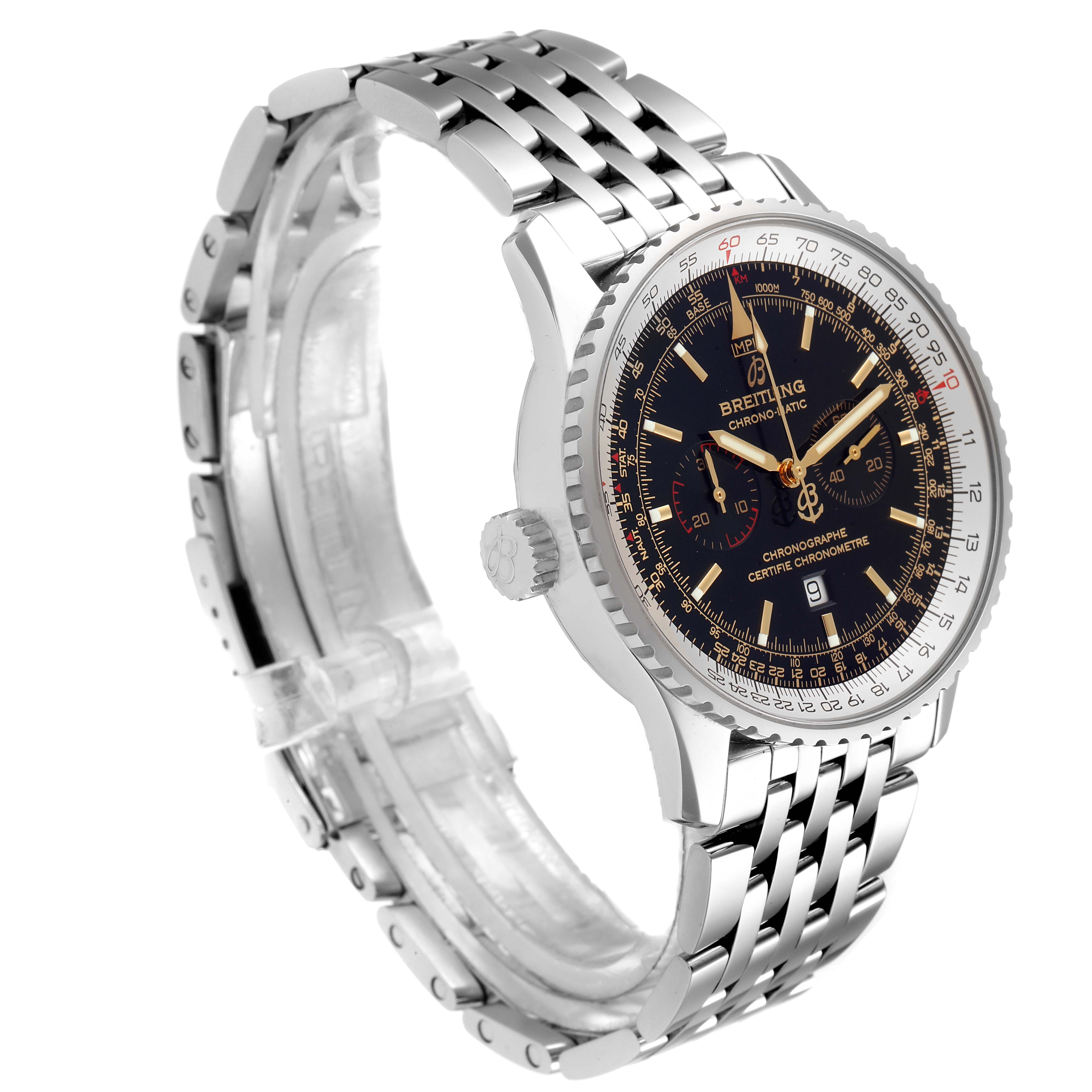 The image showcases a Breitling Navitimer A41350 Men's Stainless Steel Black Dial A41350 Men's Stainless Steel Black Dial watch angled to display its face, bezel, and metal bracelet.