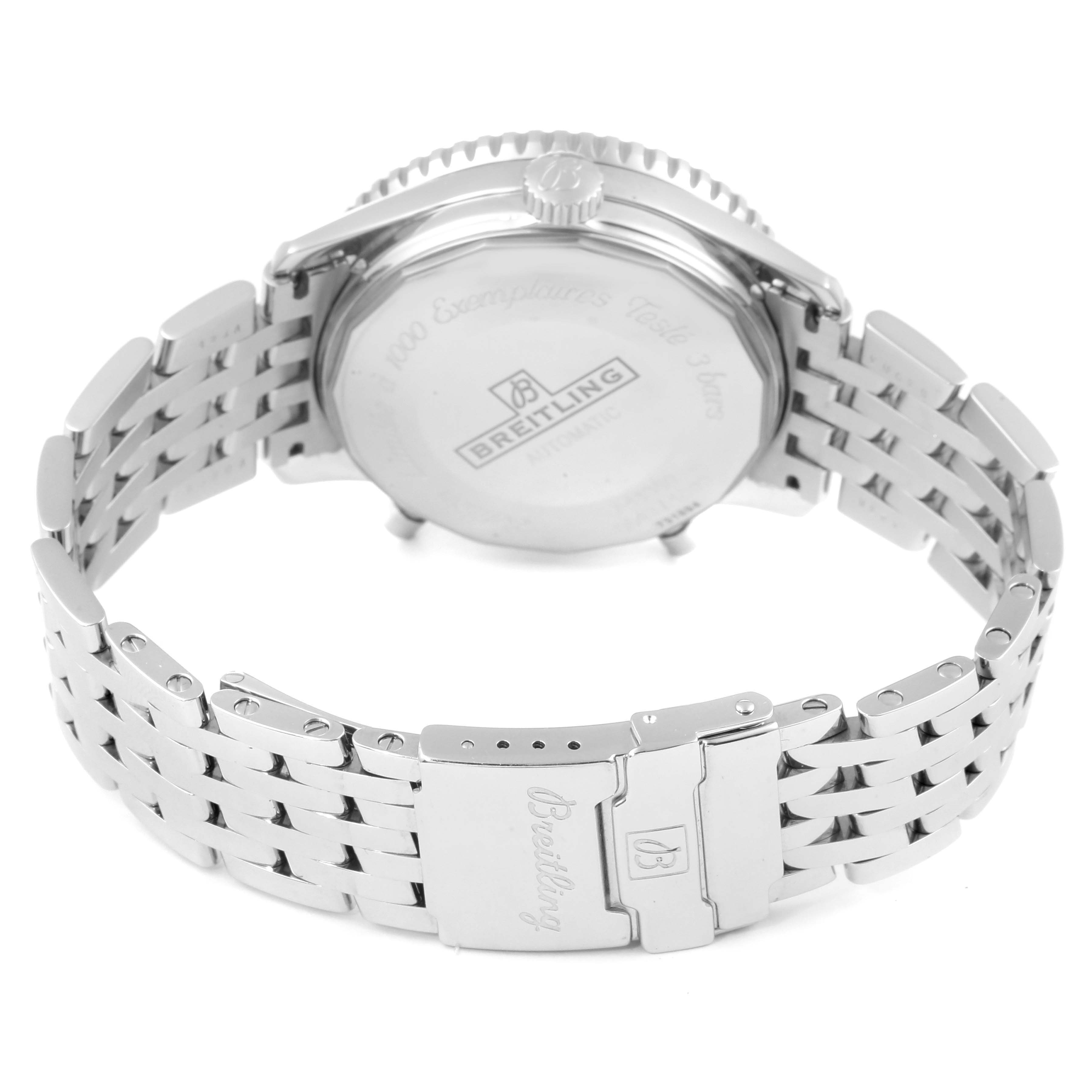 The image depicts the back and clasp side of a Breitling Navitimer A41350 Men's Stainless Steel Black Dial A41350 Men's Stainless Steel Black Dial watch, showcasing its stainless steel bracelet and case back.