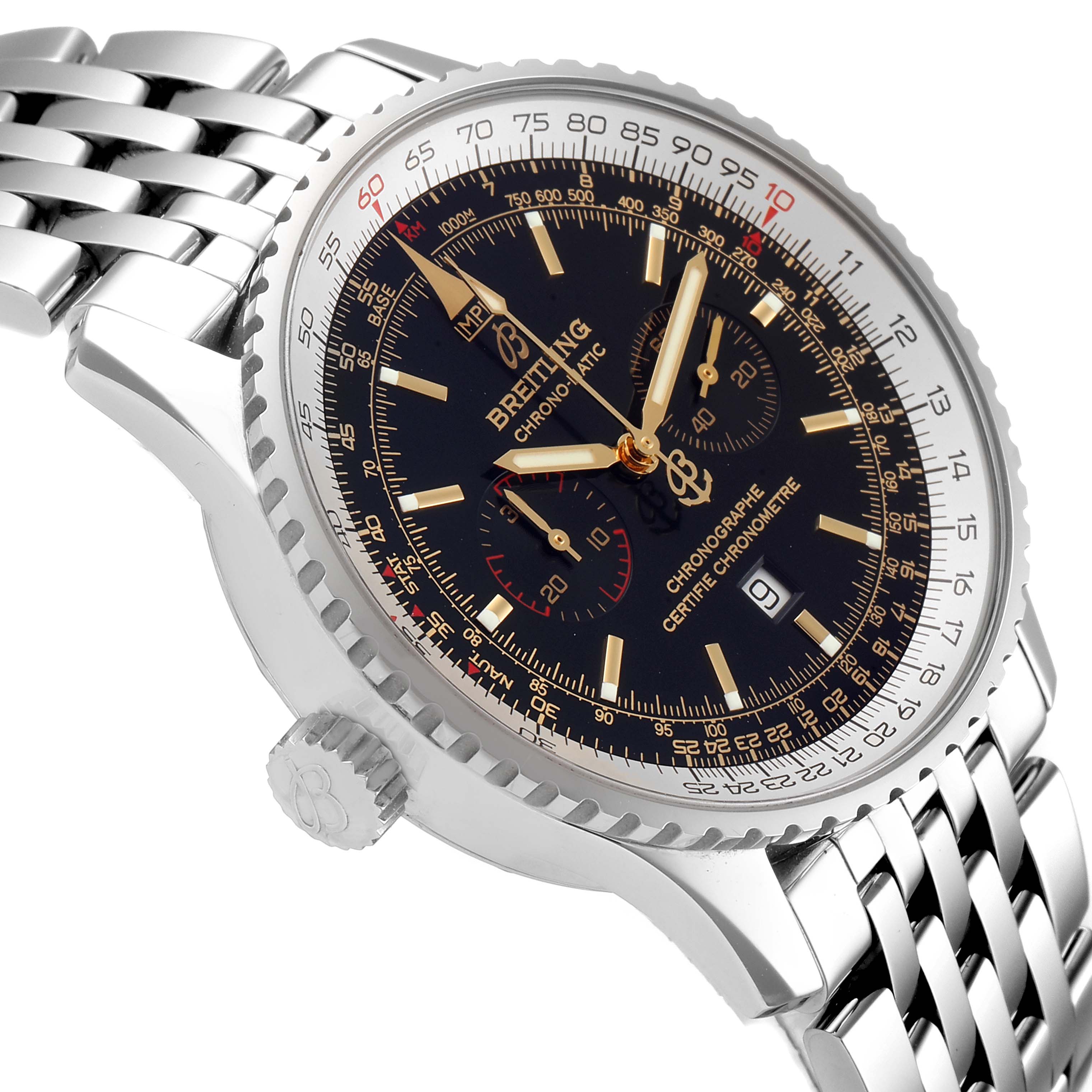The image shows a side angle view of the Breitling Navitimer A41350 Men's Stainless Steel Black Dial A41350 Men's Stainless Steel Black Dial watch, highlighting the bezel, dial, crown, and part of the bracelet.