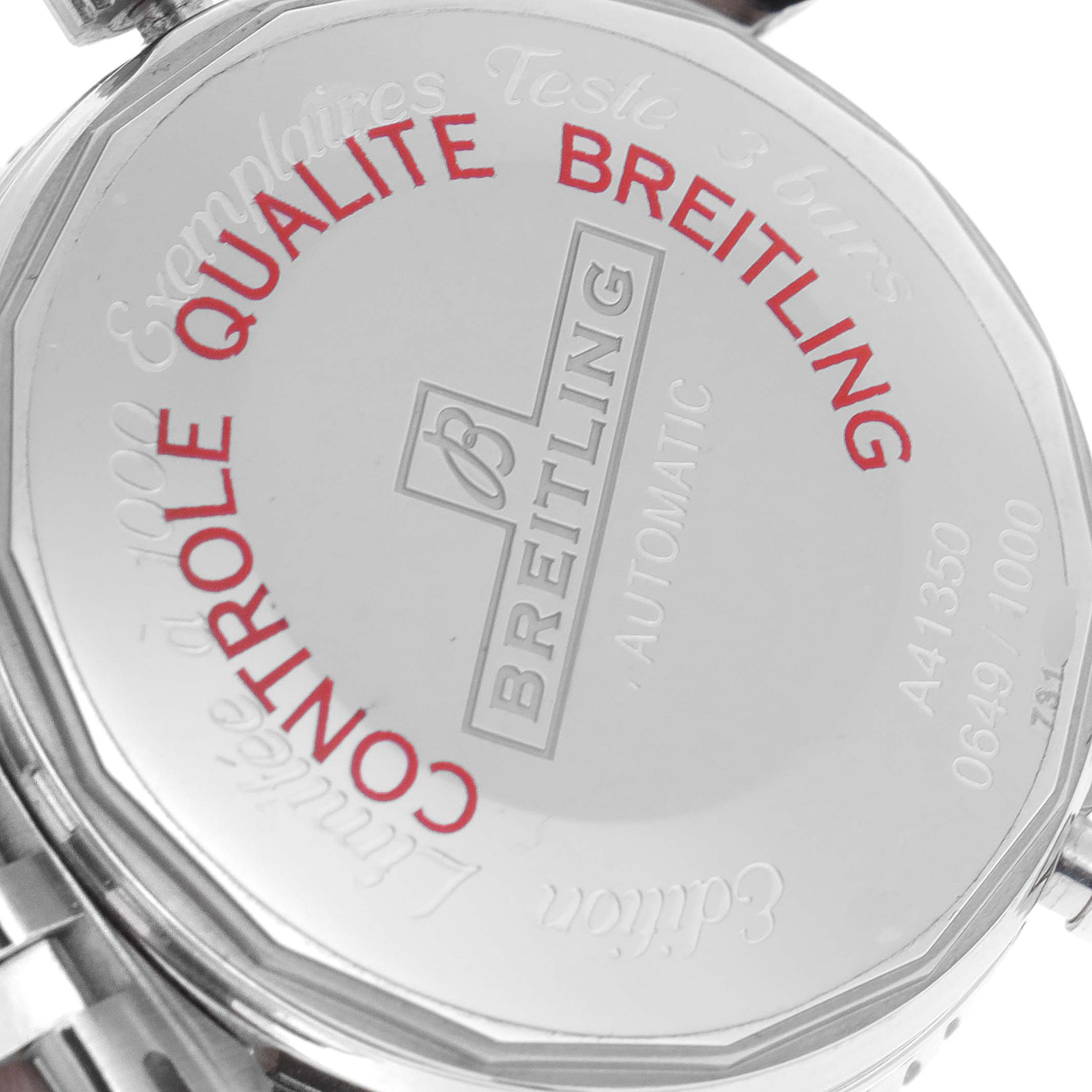 This image shows the back case of a Breitling Navitimer A41350 Men's Stainless Steel Black Dial A41350 Men's Stainless Steel Black Dial watch, highlighting the brand's engraving and quality control markings.