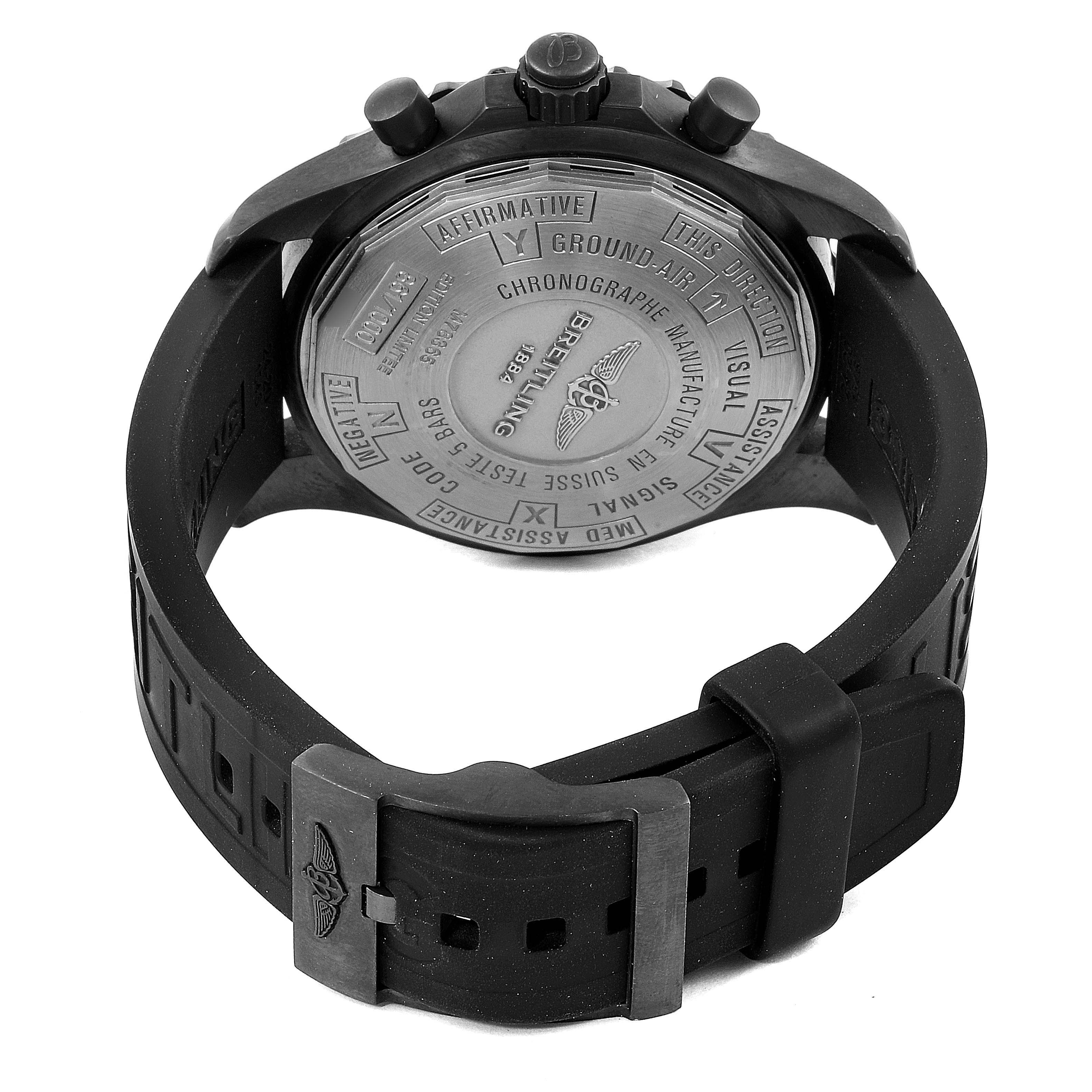 The image shows the backside and strap of a Breitling Professional Series M78365 Men's Stainless Steel Black Dial M78365 Men's Stainless Steel Black Dial watch, highlighting its case back engravings and buckle. 