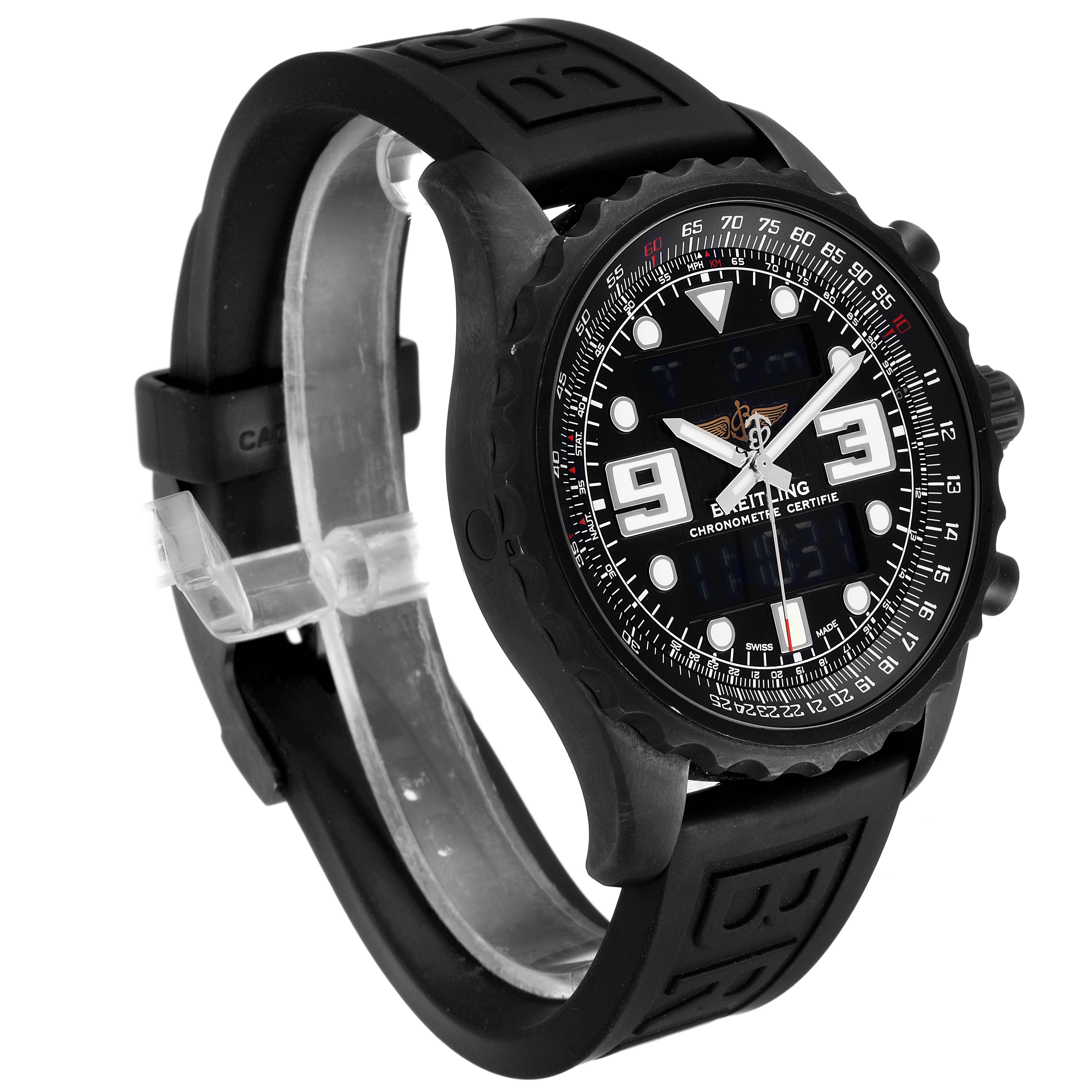 This image shows a left-side angled view of the Breitling Professional Series M78365 Men's Stainless Steel Black Dial M78365 Men's Stainless Steel Black Dial watch with a black rubber strap and detailed dial.