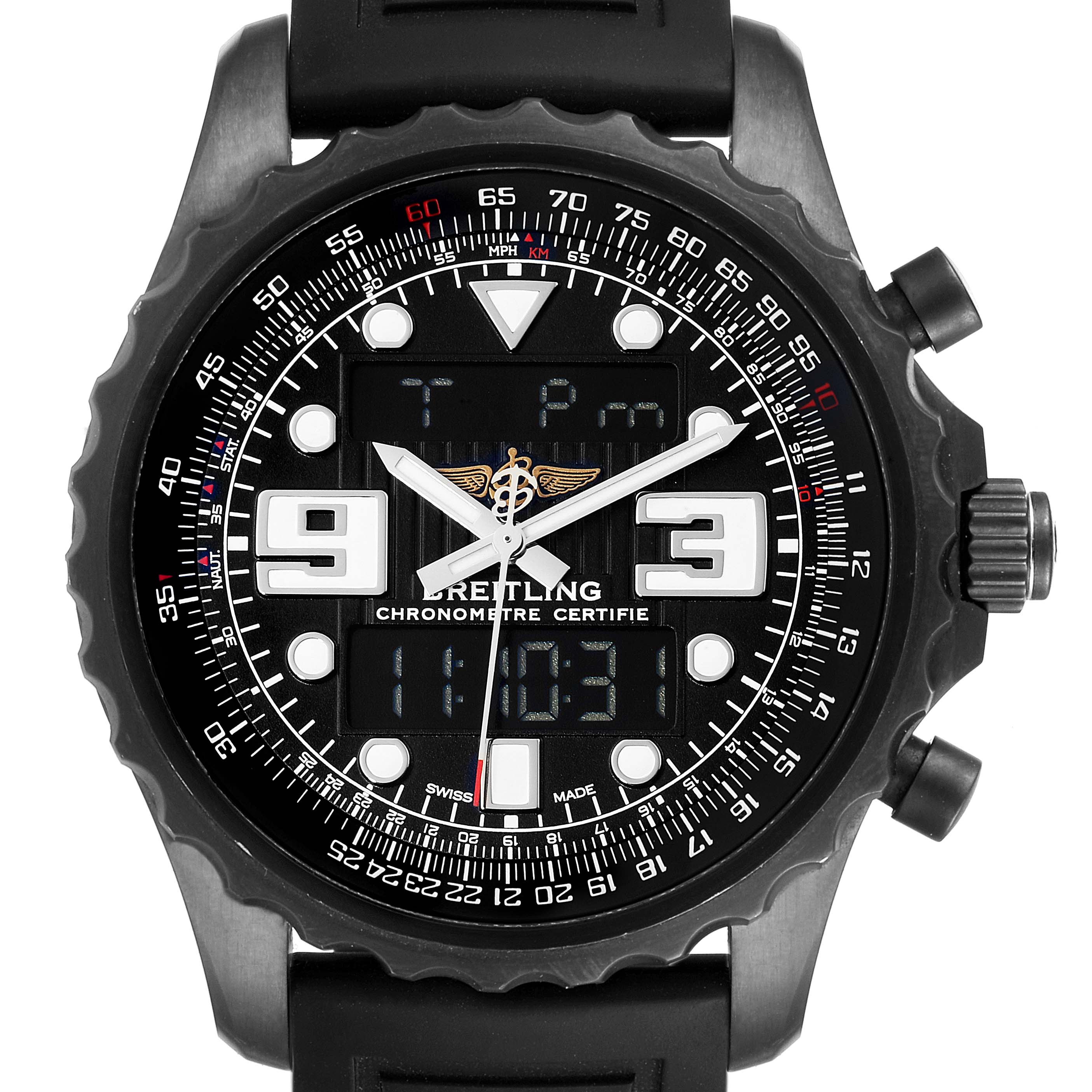 This image shows a front view of a Breitling Professional Series M78365 Men's Stainless Steel Black Dial M78365 Men's Stainless Steel Black Dial watch, highlighting its face, bezel, and strap.