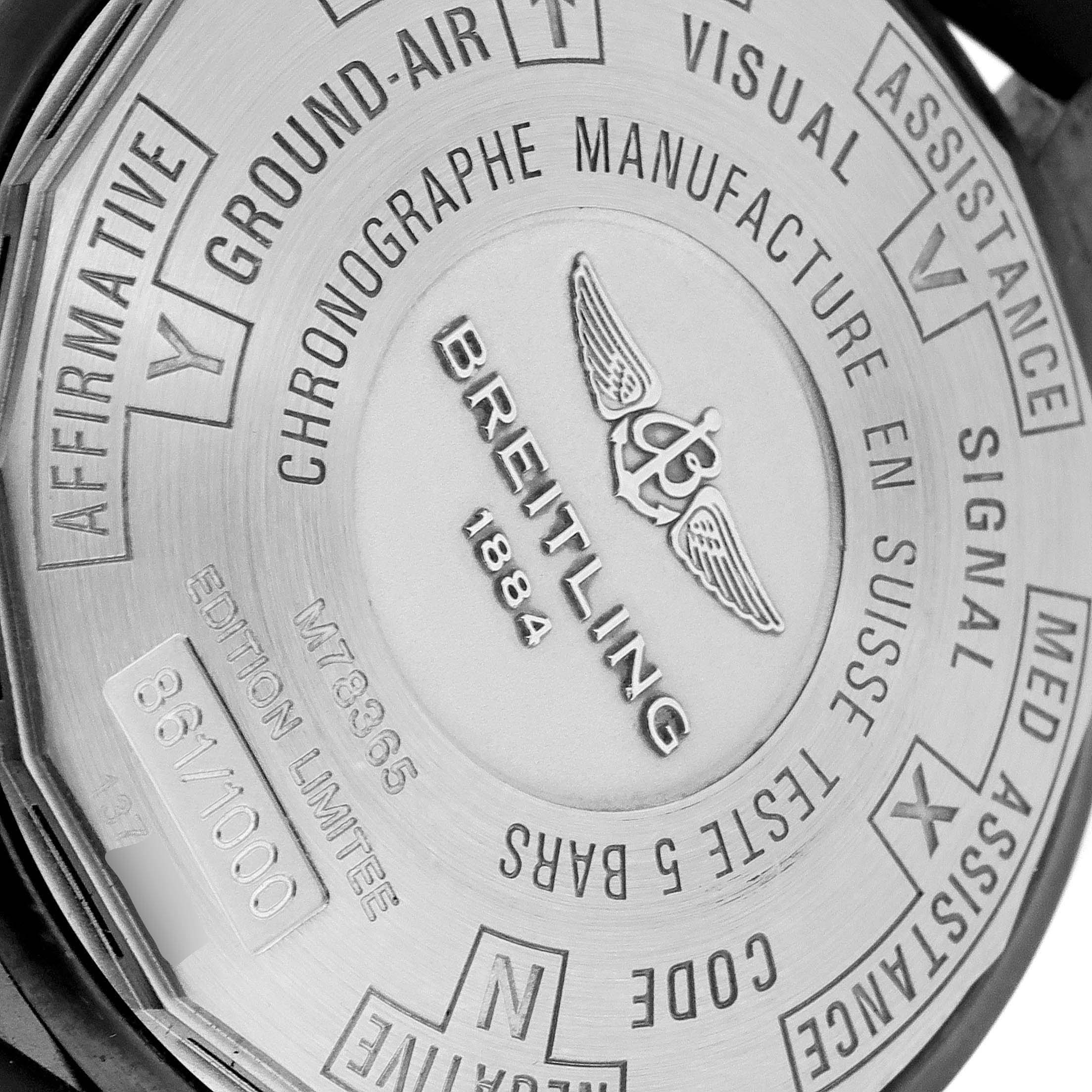 The image shows the back case of the Breitling Professional Series M78365 Men's Stainless Steel Black Dial M78365 Men's Stainless Steel Black Dial watch, highlighting branding and model details.