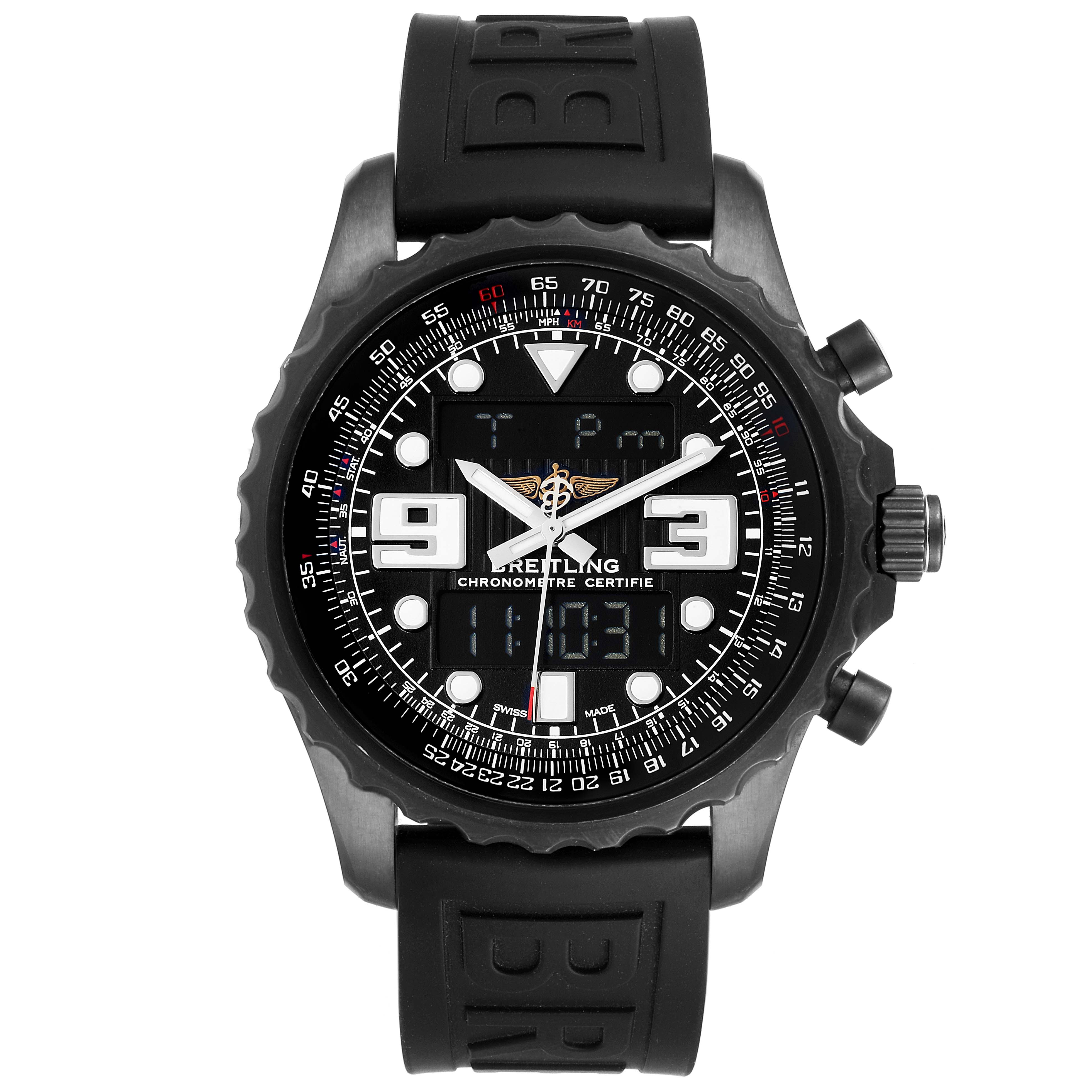 The image showcases a front view of a Breitling Professional Series M78365 Men's Stainless Steel Black Dial M78365 Men's Stainless Steel Black Dial watch, highlighting its face, dials, and black rubber strap.