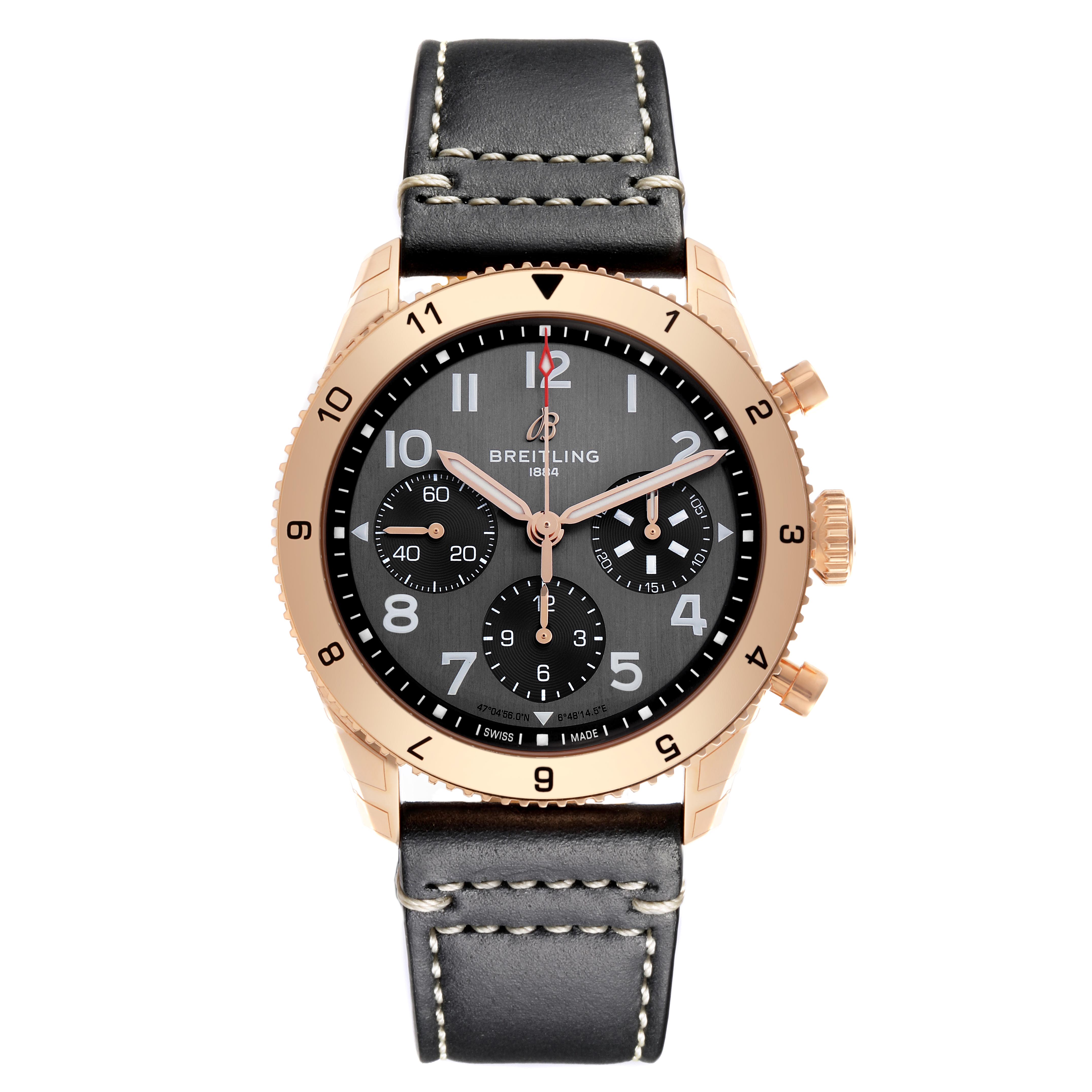 The Breitling Aviator R23380 Men's Rose Gold Grey Dial R23380 Men's Rose Gold Grey Dial watch is shown from the front, displaying its face, bezel, crown, pushers, and leather strap.