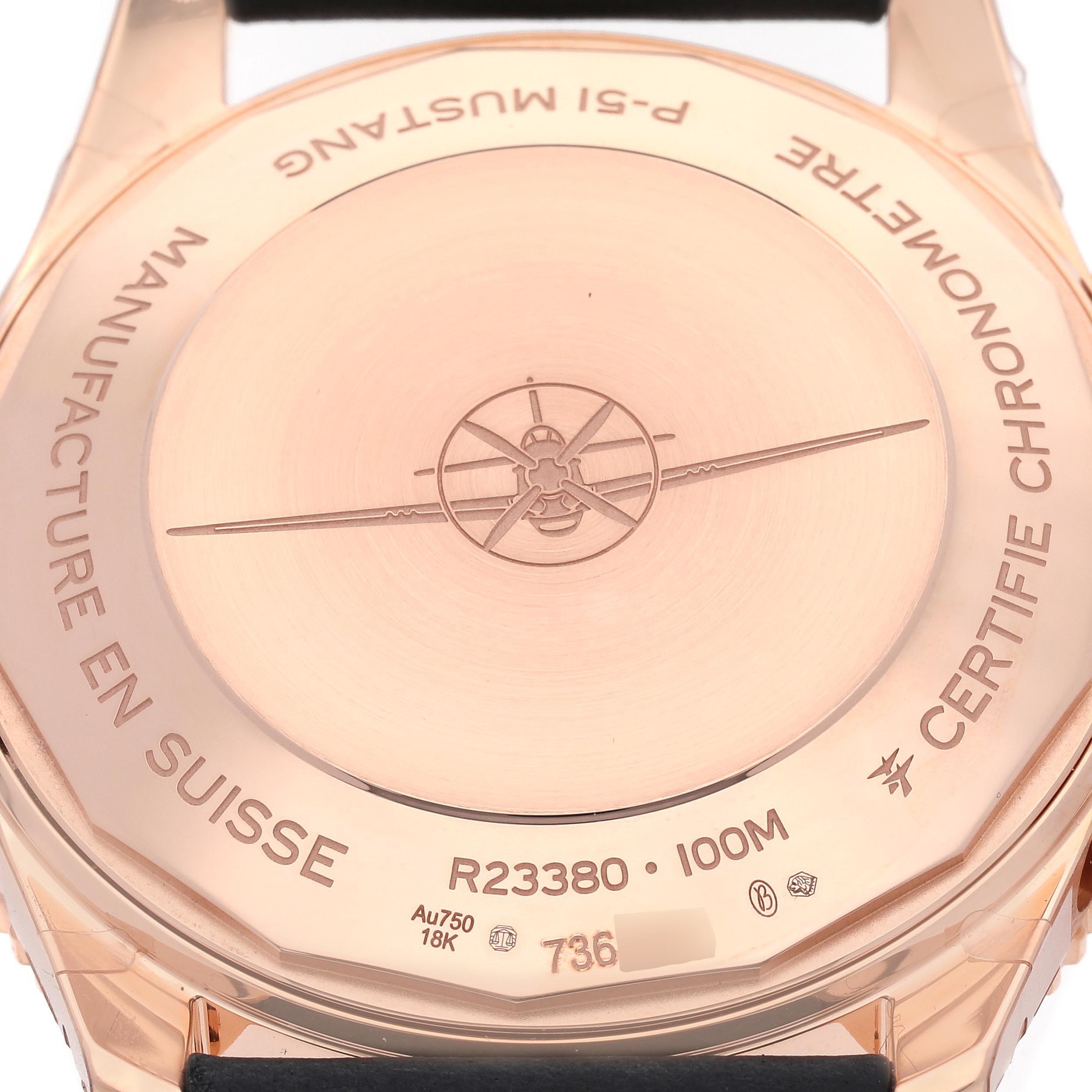 The image shows the case back of a Breitling Aviator R23380 Men's Rose Gold Grey Dial R23380 Men's Rose Gold Grey Dial model, highlighting engraving and water resistance details.