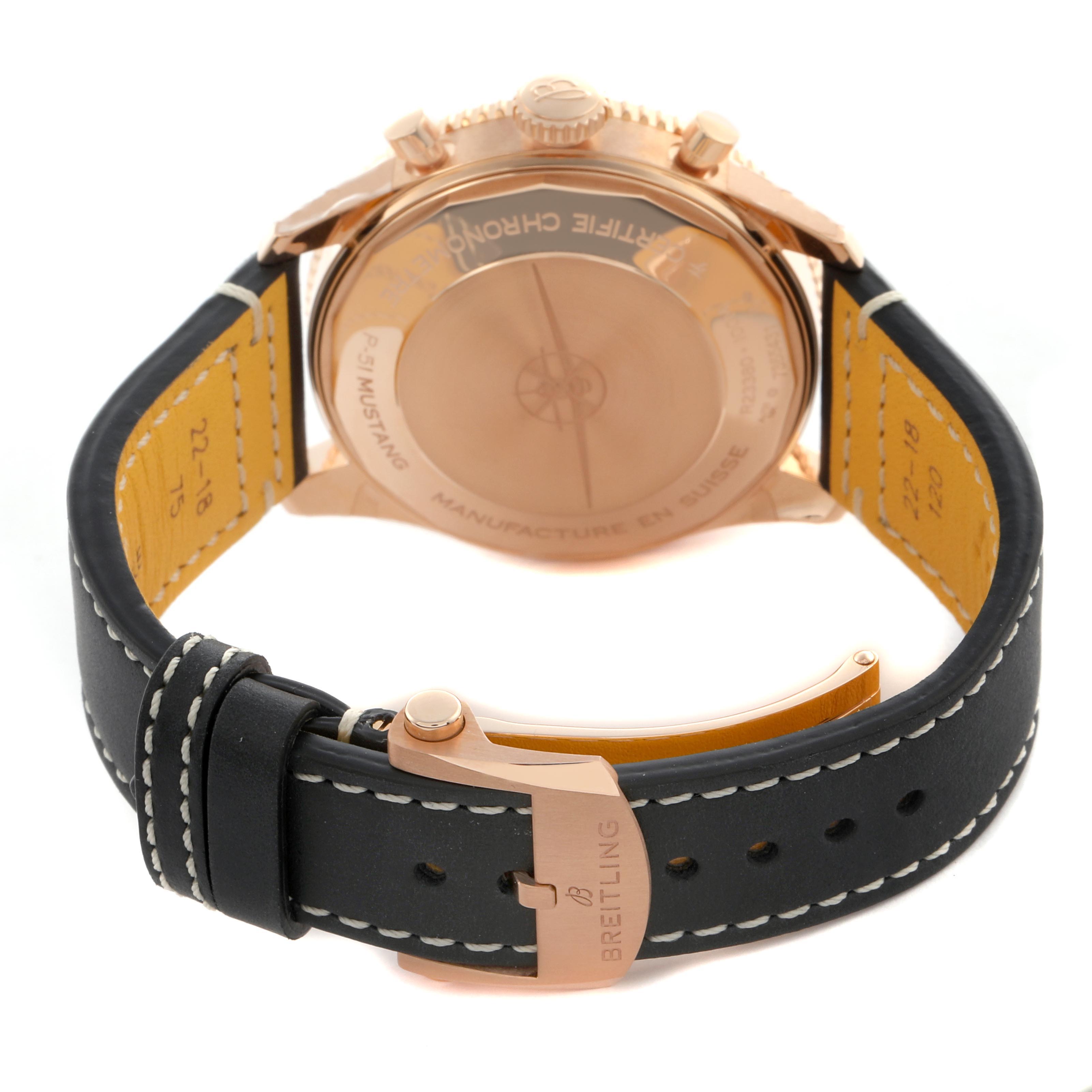 The image shows a rear view of a Breitling Aviator R23380 Men's Rose Gold Grey Dial R23380 Men's Rose Gold Grey Dial watch, focusing on the case back and leather strap with buckle.