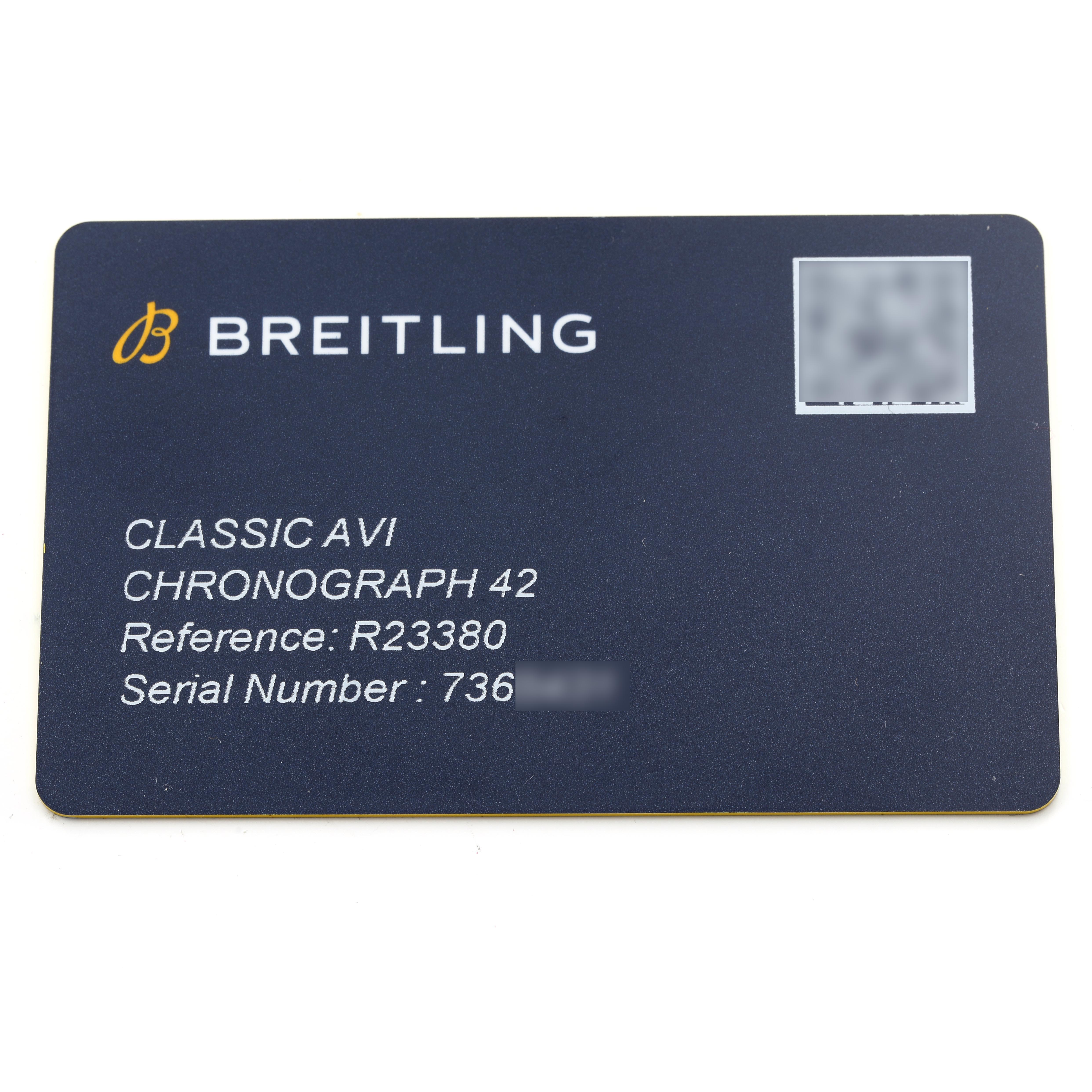 The image shows a warranty card for the Breitling Aviator R23380 Men's Rose Gold Grey Dial R23380 Men's Rose Gold Grey Dial model, featuring details like the reference and serial numbers.