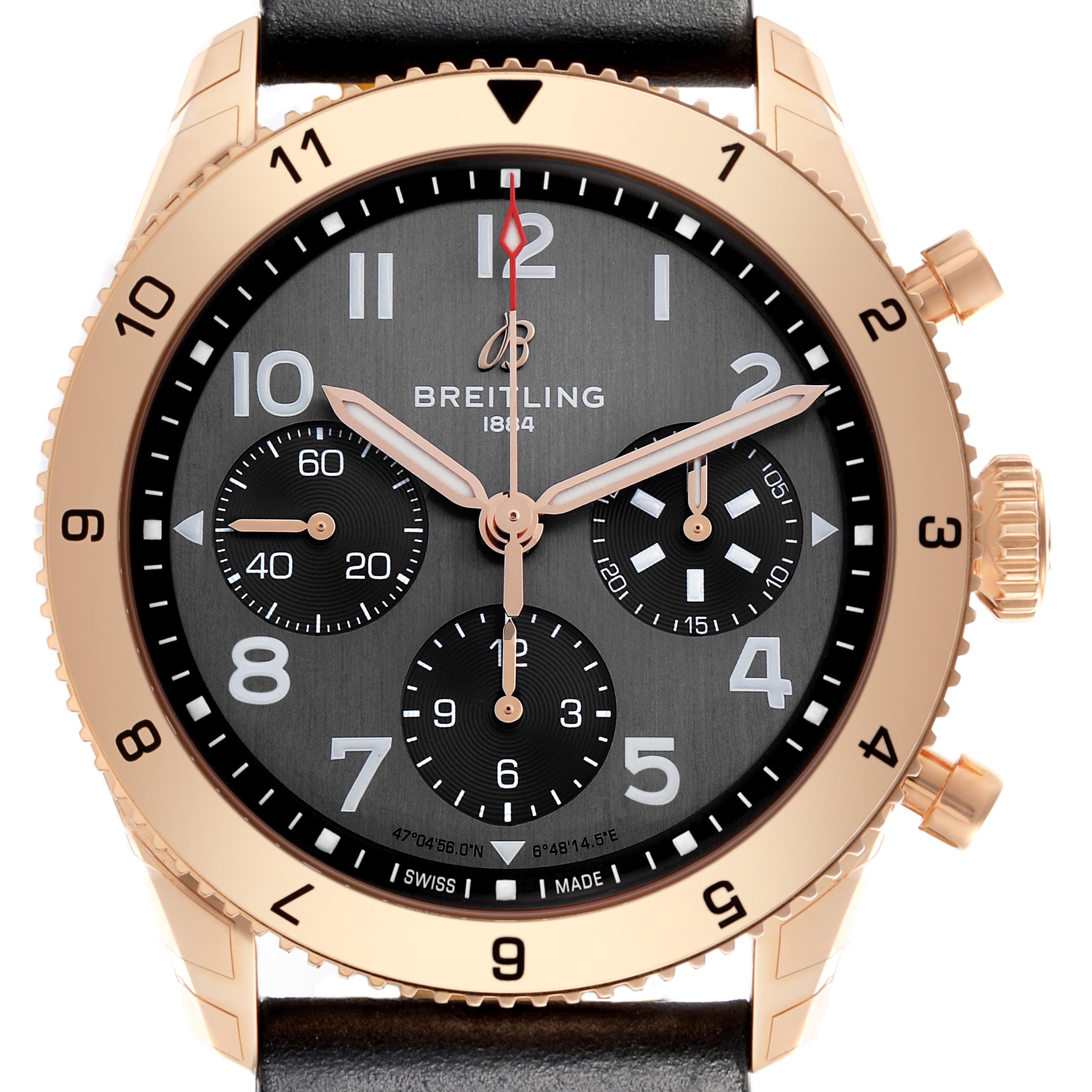 The Breitling Aviator R23380 Men's Rose Gold Grey Dial R23380 Men's Rose Gold Grey Dial watch is shown from the front, displaying the dial, bezel, and crown.