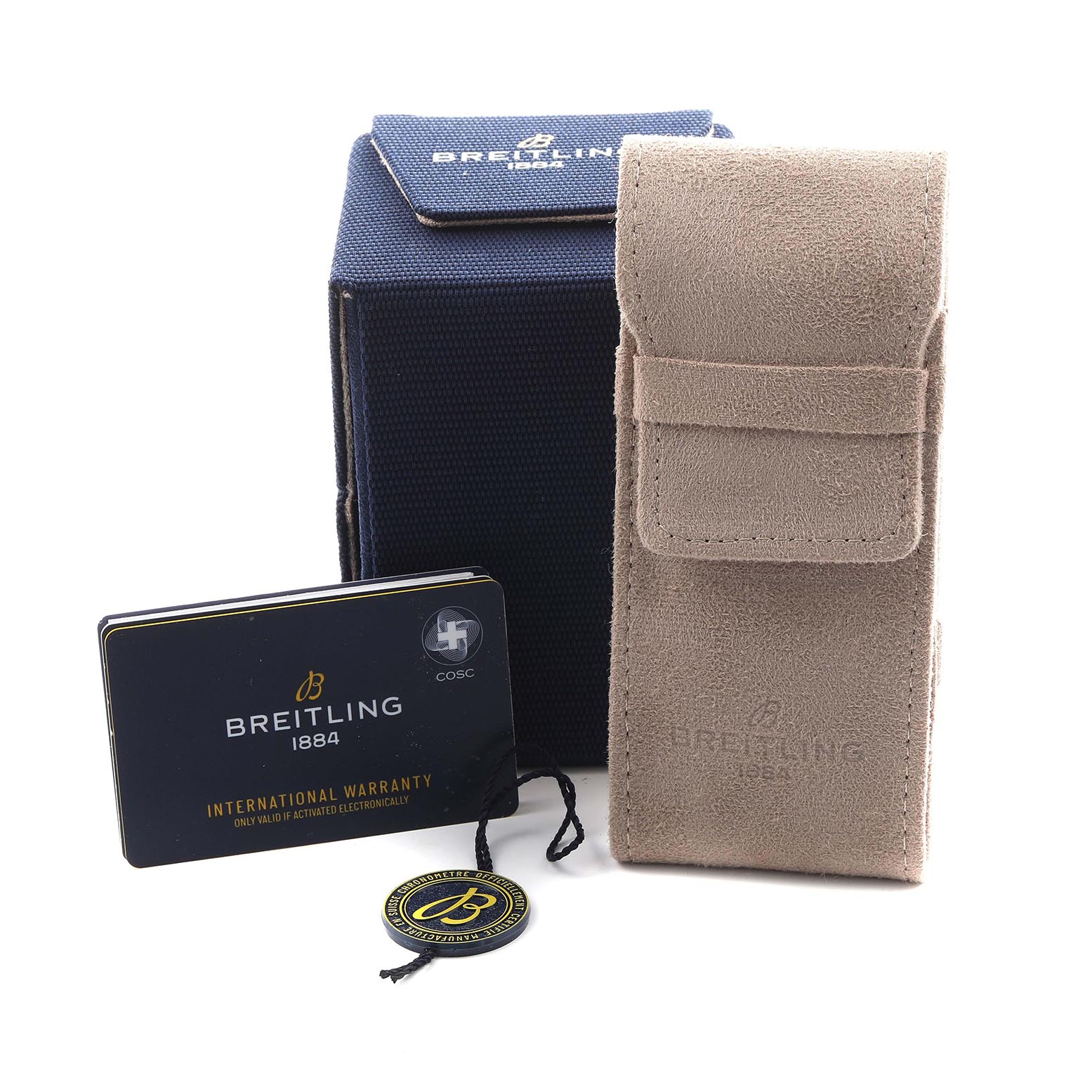 The image shows accessories for the Breitling Aviator R23380 Men's Rose Gold Grey Dial R23380 Men's Rose Gold Grey Dial watch, including a box, pouch, warranty card, and tag viewed from the front.