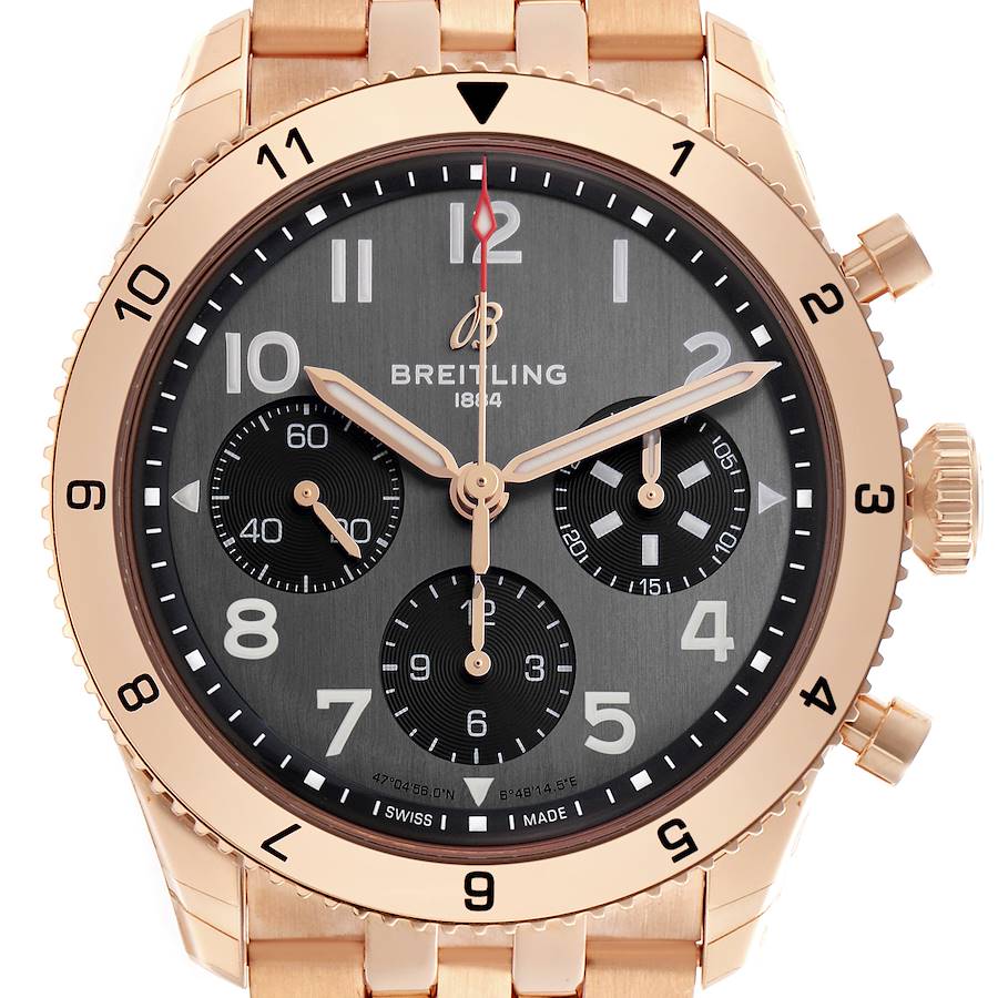 The Breitling Aviator watch is shown in a close-up front view, featuring its dial, hands, subdials, and bezel.