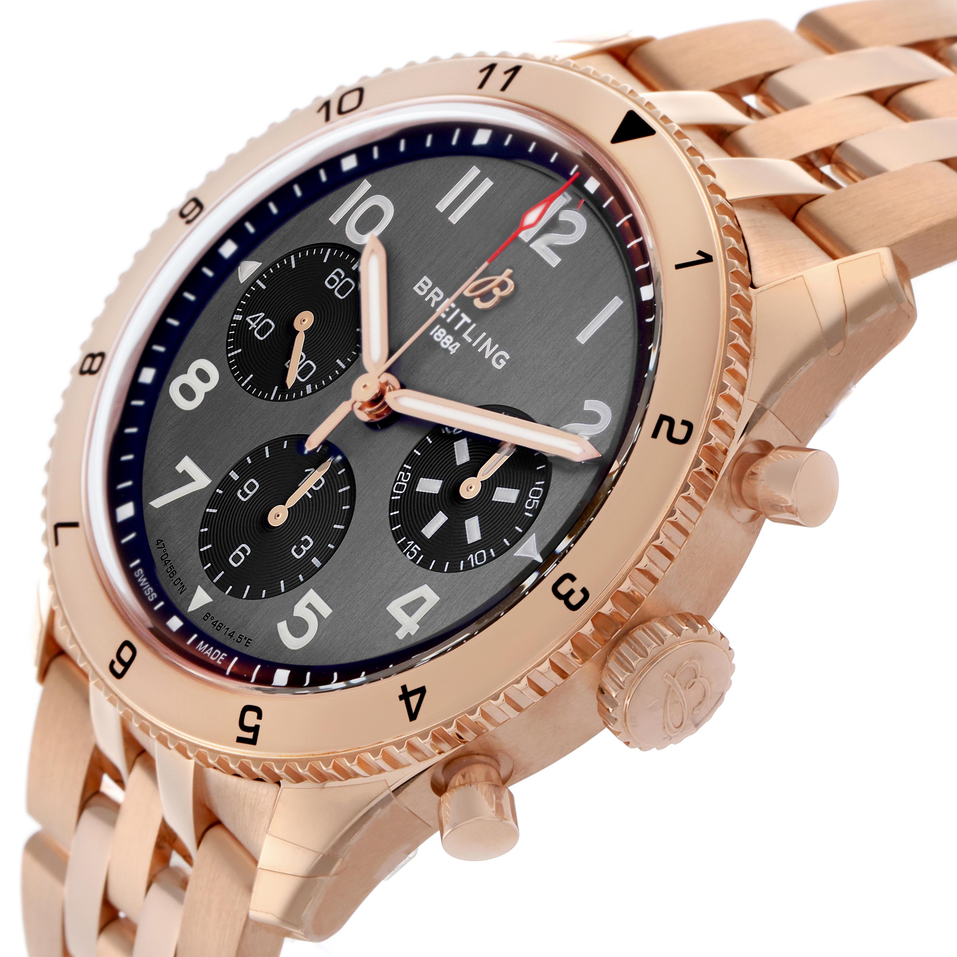 The Breitling Aviator R23380 Men's Rose Gold Grey Dial R23380 Men's Rose Gold Grey Dial watch is shown at a slight angle, highlighting the face, bezel, crown, and part of the bracelet.