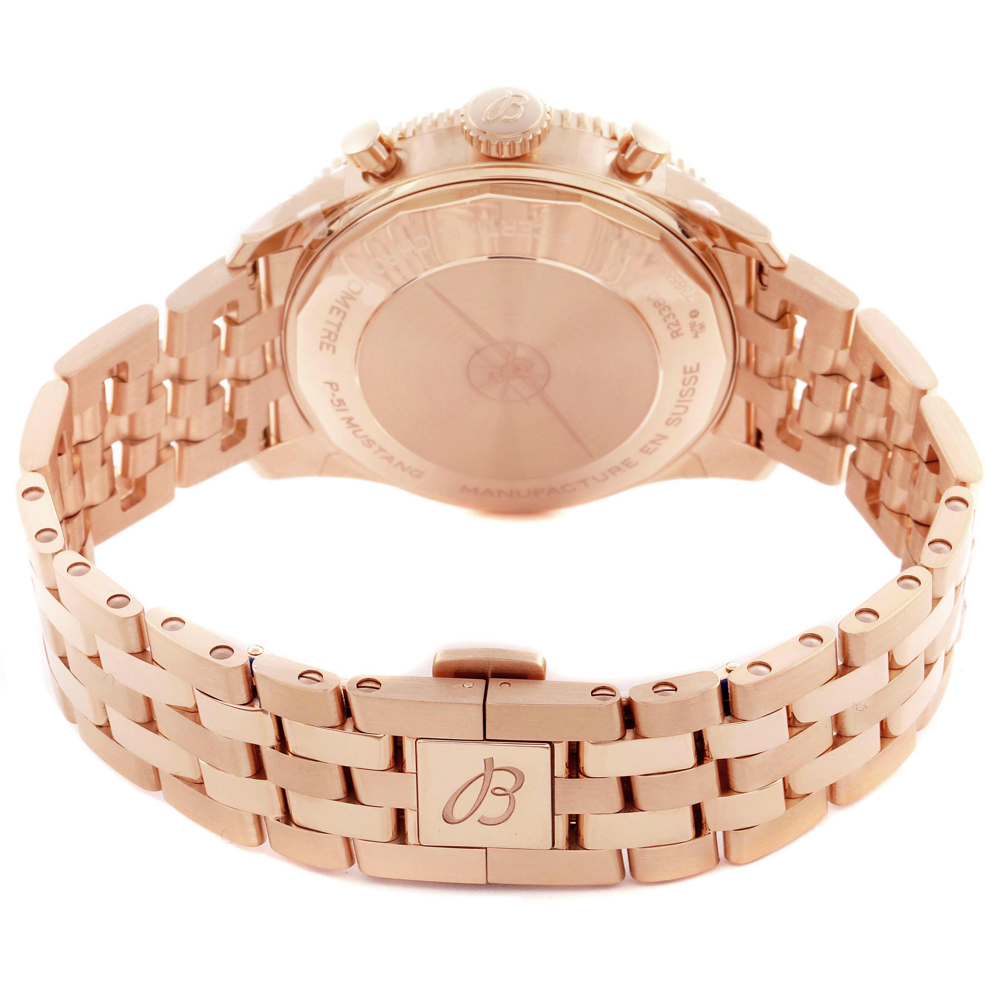 The image shows the back view of the Breitling Aviator R23380 Men's Rose Gold Grey Dial R23380 Men's Rose Gold Grey Dial watch, highlighting the clasp, bracelet, and case back.