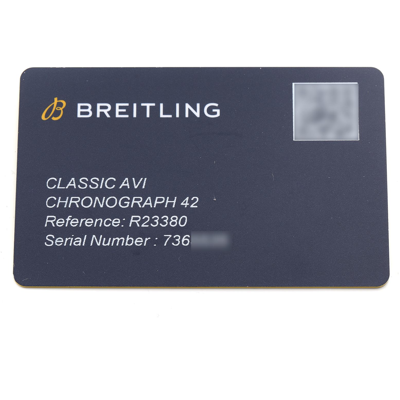 The image shows a Breitling Aviator R23380 Men's Rose Gold Grey Dial R23380 Men's Rose Gold Grey Dial model warranty card displaying the watch's details, including model and serial numbers.