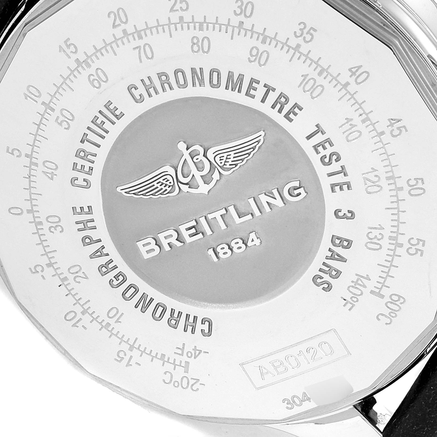 The image shows the back case of a Breitling Navitimer AB0120 Men
s Stainless Steel Black Dial AB0120 Men
s Stainless Steel Black Dial watch from a close-up angle, highlighting the engravings and markings.