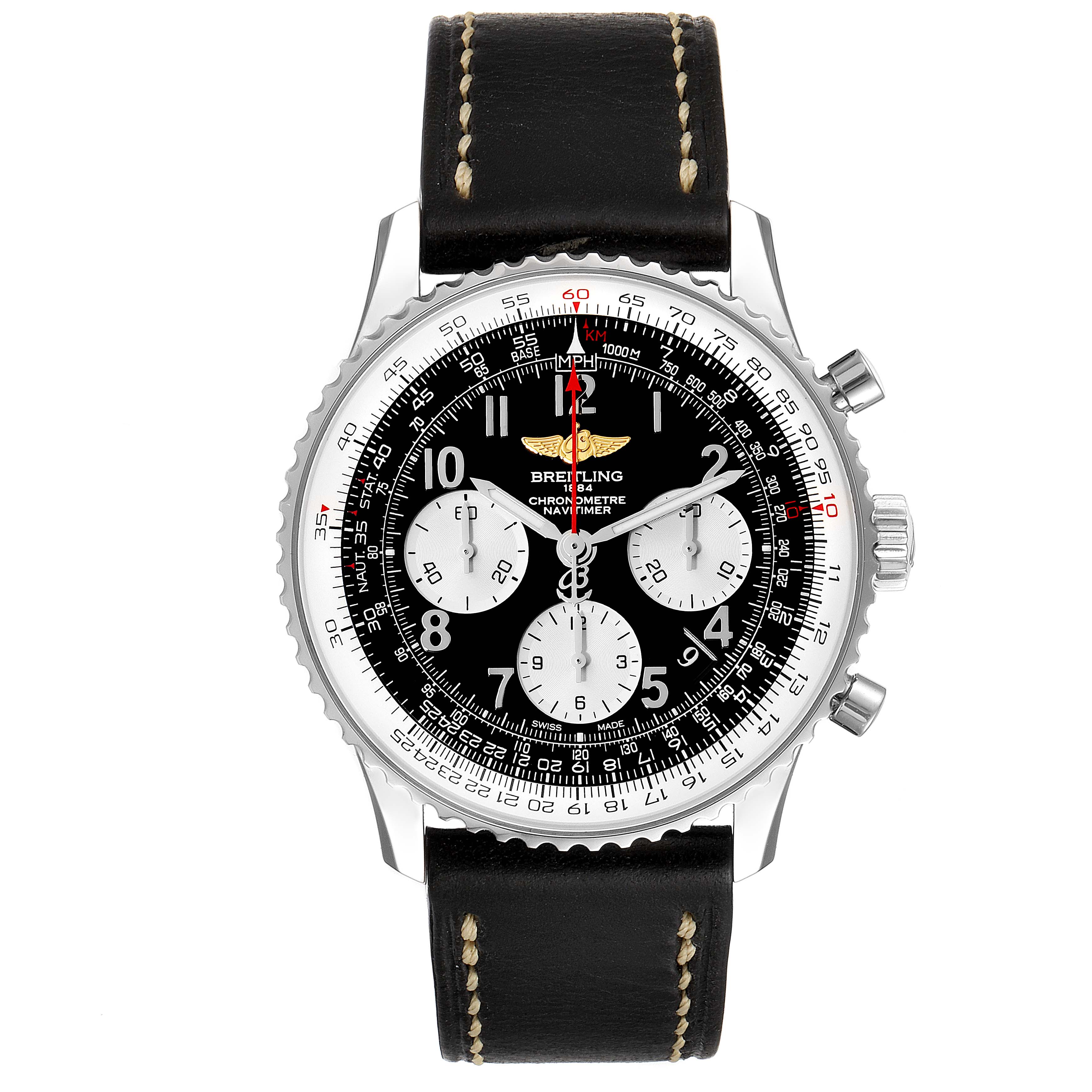 The image shows a front view of a Breitling Navitimer AB0120 Men
s Stainless Steel Black Dial AB0120 Men
s Stainless Steel Black Dial watch highlighting its black dial, chronograph sub-dials, and black leather strap.