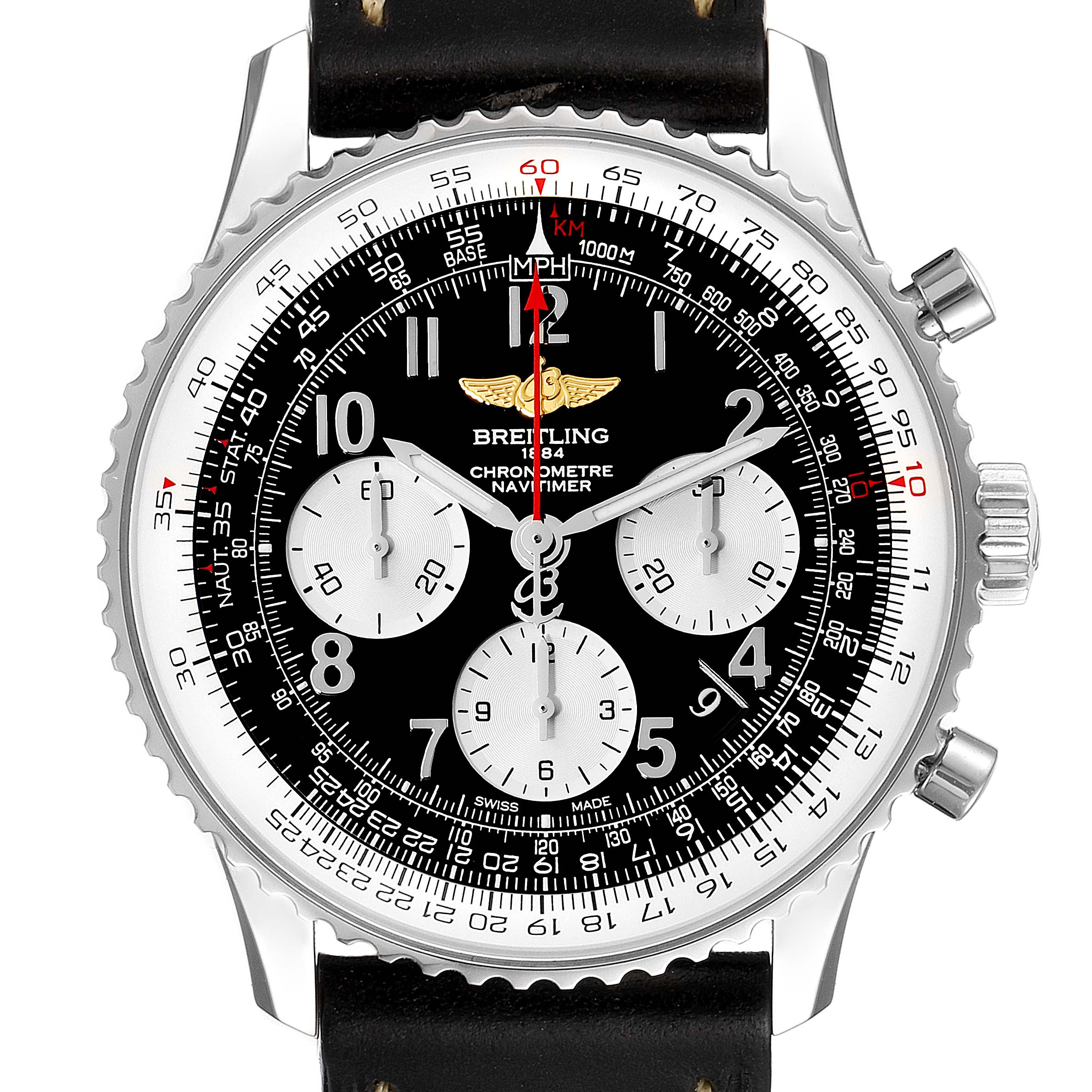 The image shows a front view of the Breitling Navitimer AB0120 Men
s Stainless Steel Black Dial AB0120 Men
s Stainless Steel Black Dial watch, highlighting the dial, chronograph subdials, and bezel.
