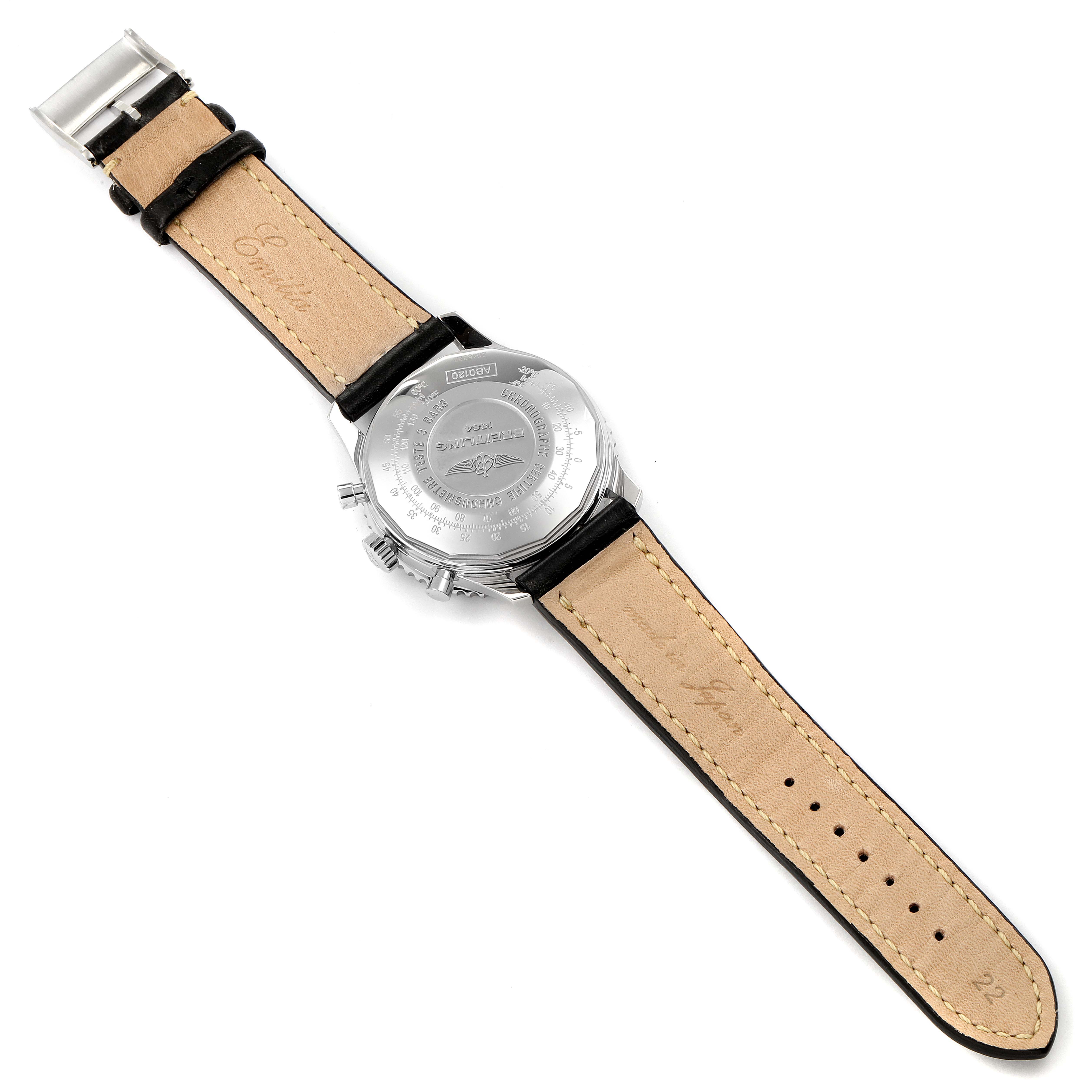 The image shows the back view of a Breitling Navitimer AB0120 Men
s Stainless Steel Black Dial AB0120 Men
s Stainless Steel Black Dial watch, focusing on the case back and leather strap.