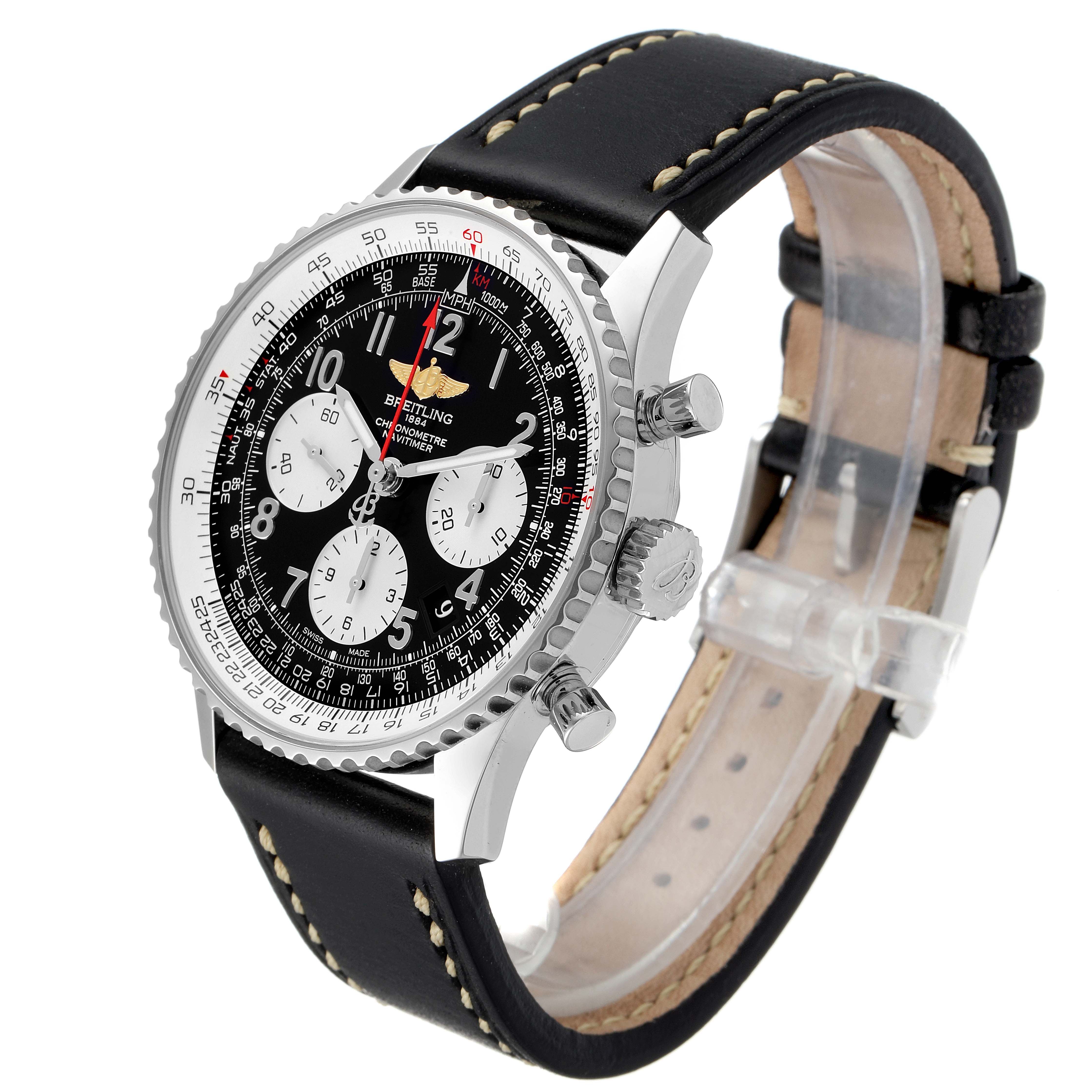 This image shows a Breitling Navitimer AB0120 Men
s Stainless Steel Black Dial AB0120 Men
s Stainless Steel Black Dial watch at a slight angle, displaying its black dial, chronograph subdials, bezel, and leather strap.