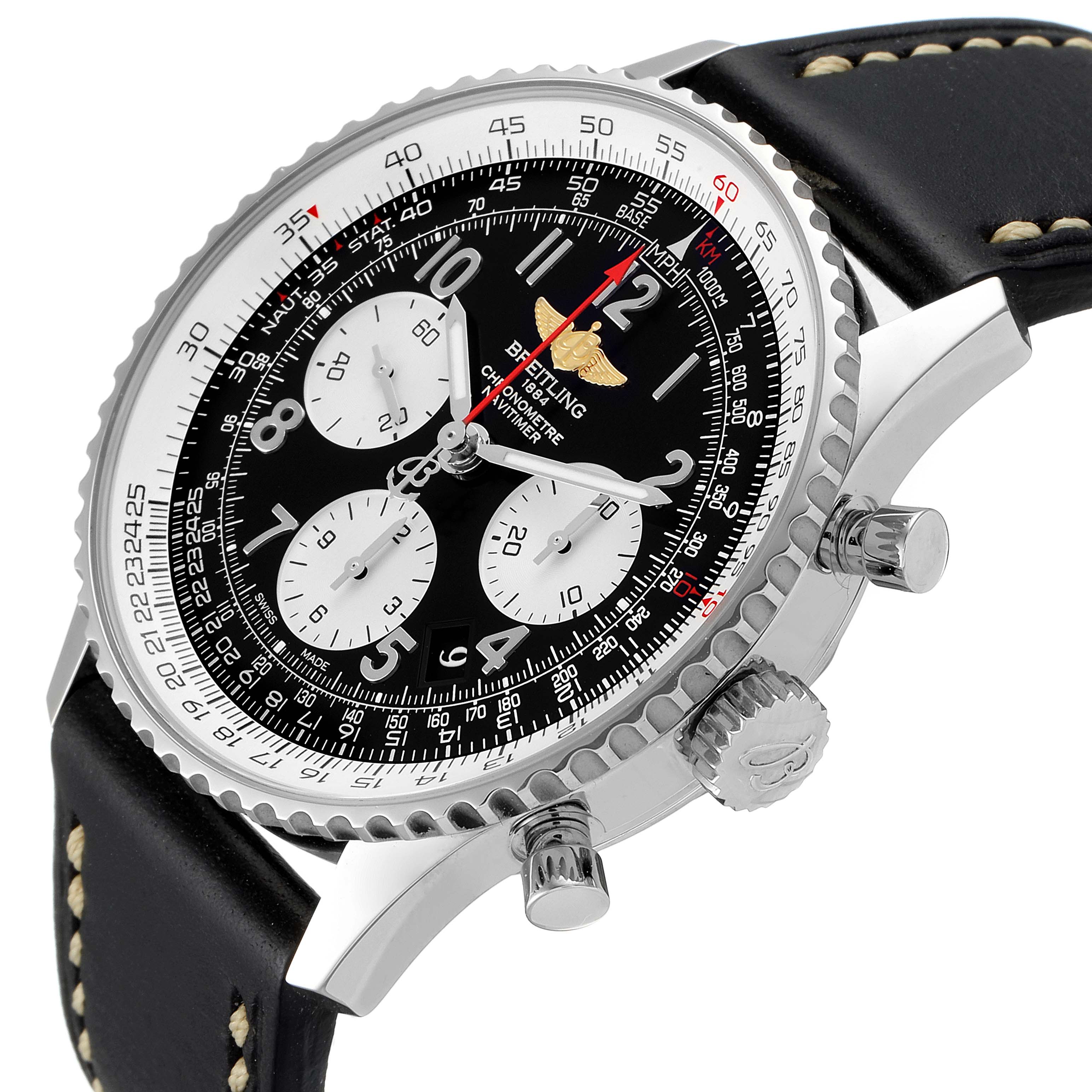 The image shows a Breitling Navitimer AB0120 Men
s Stainless Steel Black Dial AB0120 Men
s Stainless Steel Black Dial watch from a slight side angle, highlighting the dial, bezel, crown, pushers, and part of the leather strap.